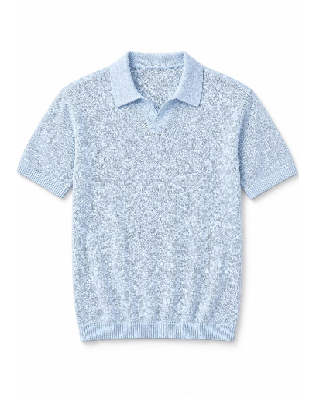 Vayla Blue Fine-Knit Relaxed Fit Open Collar Polo Shirt for men