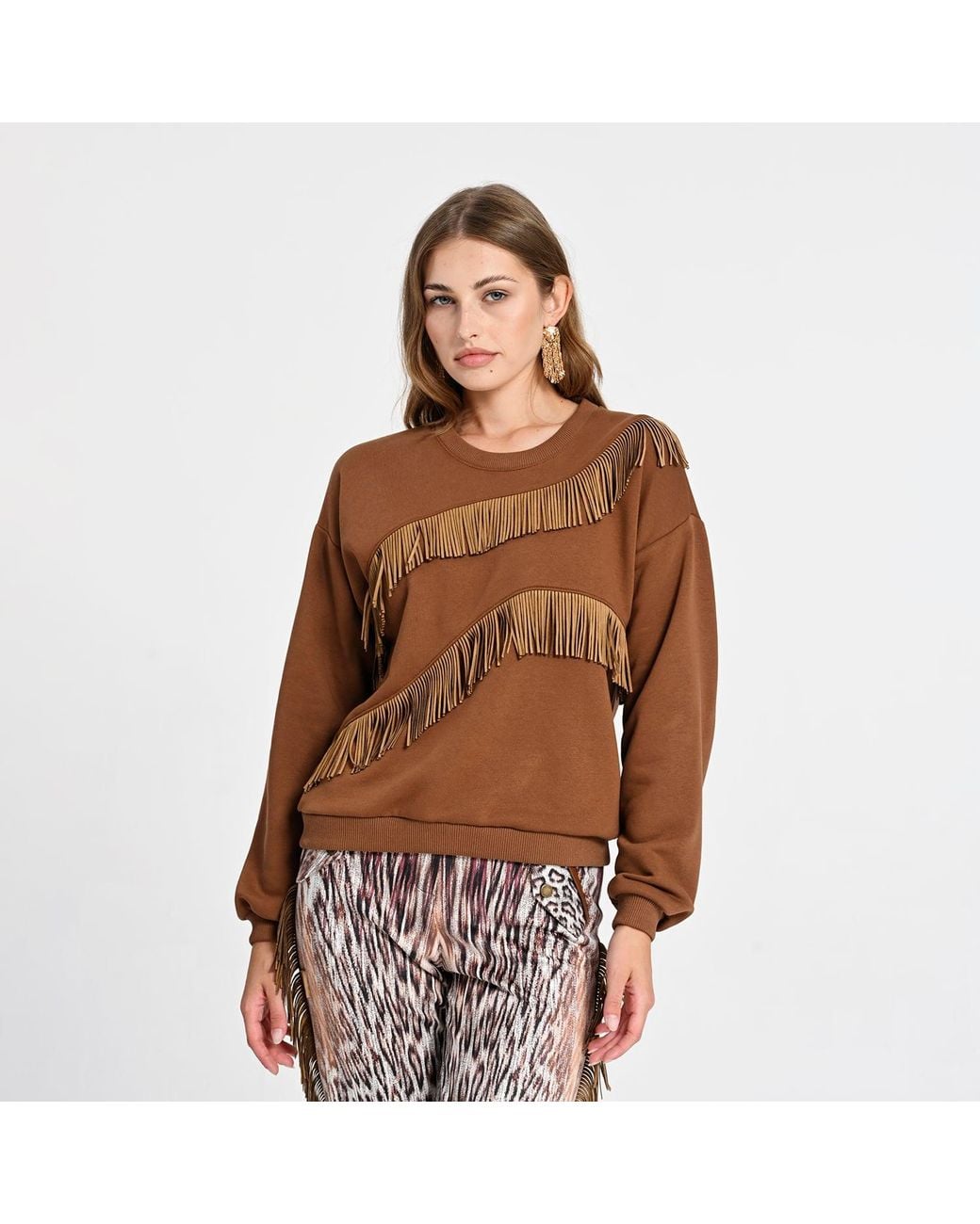 Lalipop Design Brown Sweatshirt With Fringe Details