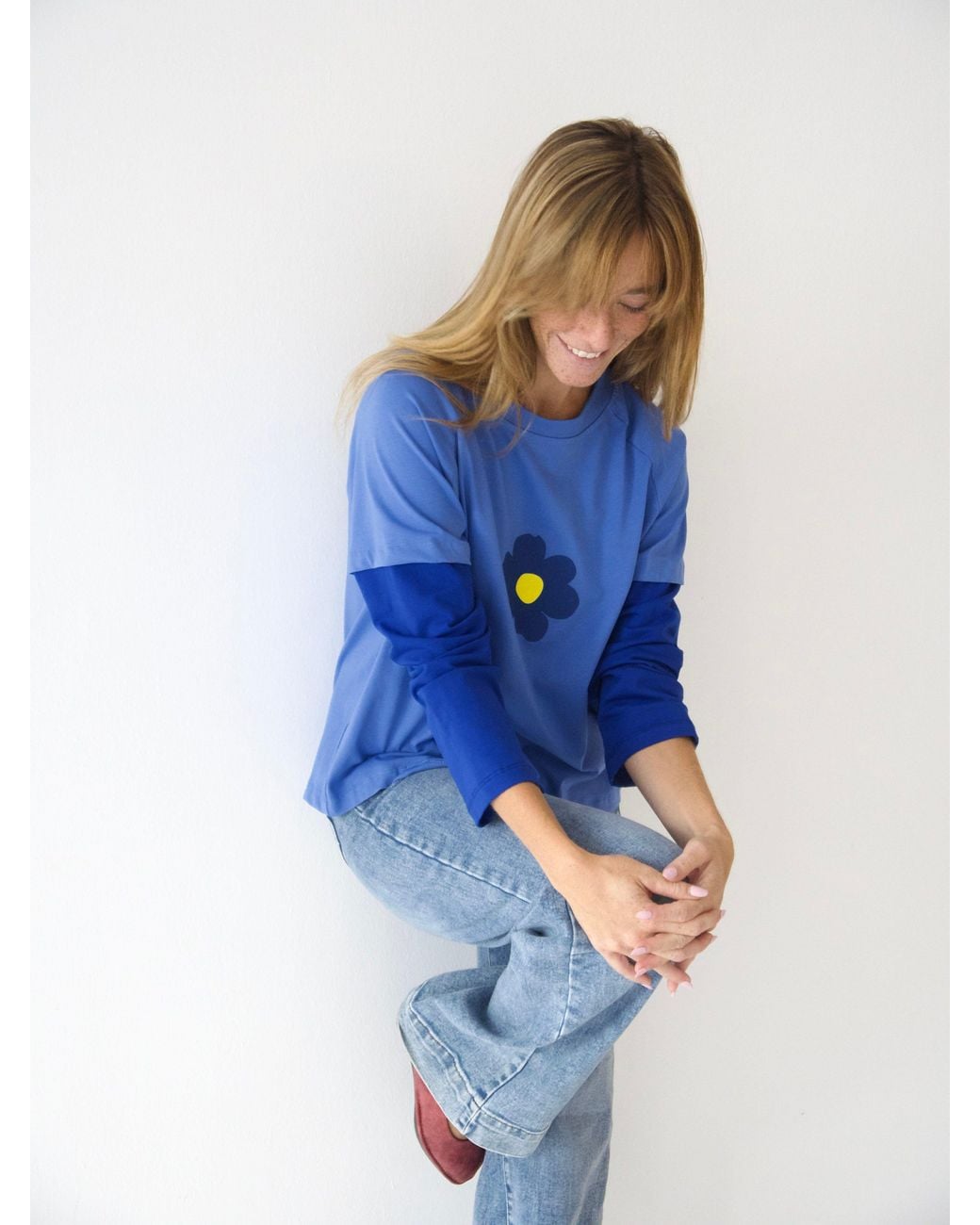 Mind Traveler Blue Double Sleeve Cropped Aria T-Shirt With Flower Detail