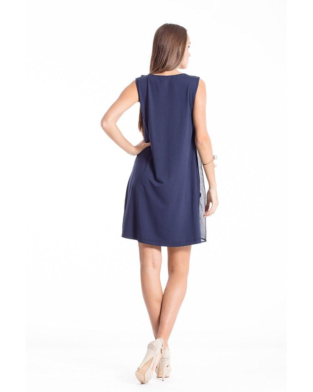 Conquista Blue Sleeveless Sheer Detail Dress