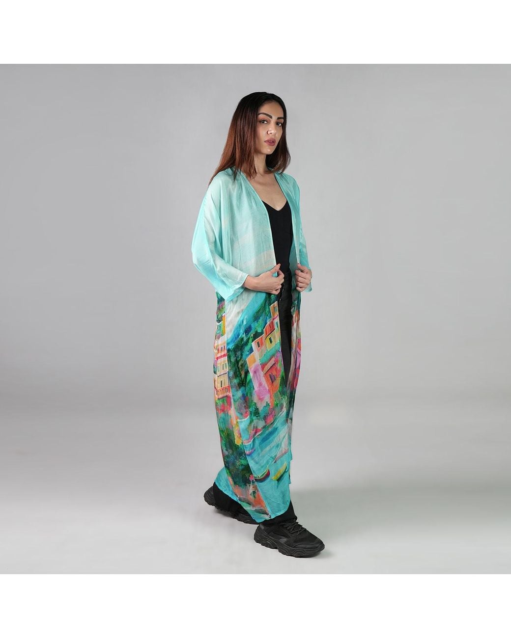 DHARA SHETH DUBAI Blue La Dolce Riviera Mediterranean Long Kimono Dress