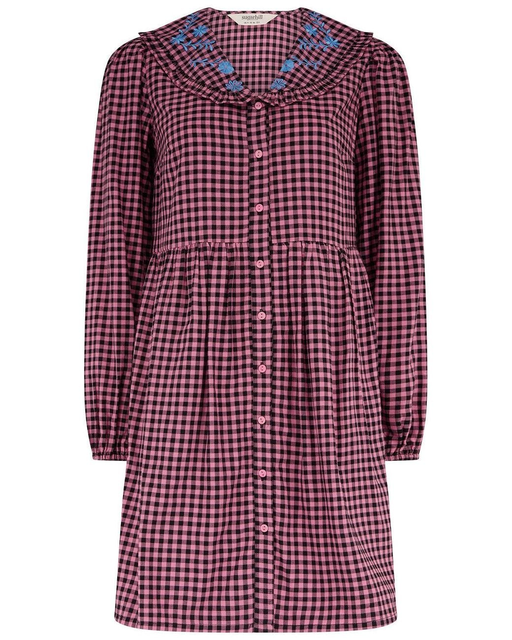 Sugarhill Red Ondrea Short Smock Dress Rose Gingham Floral Embroidery