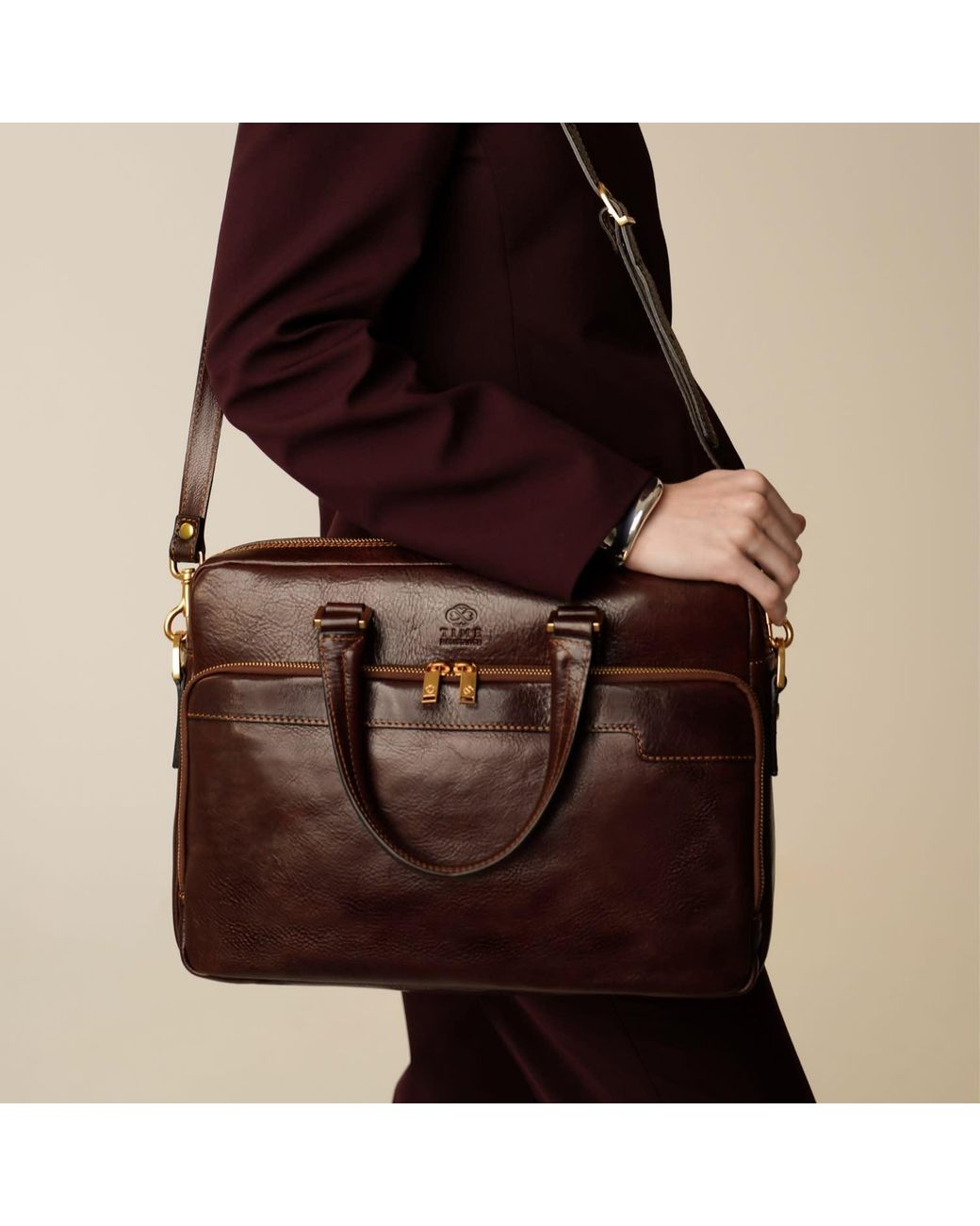 Time Resistance Brown Leather Briefcase Laptop Bag