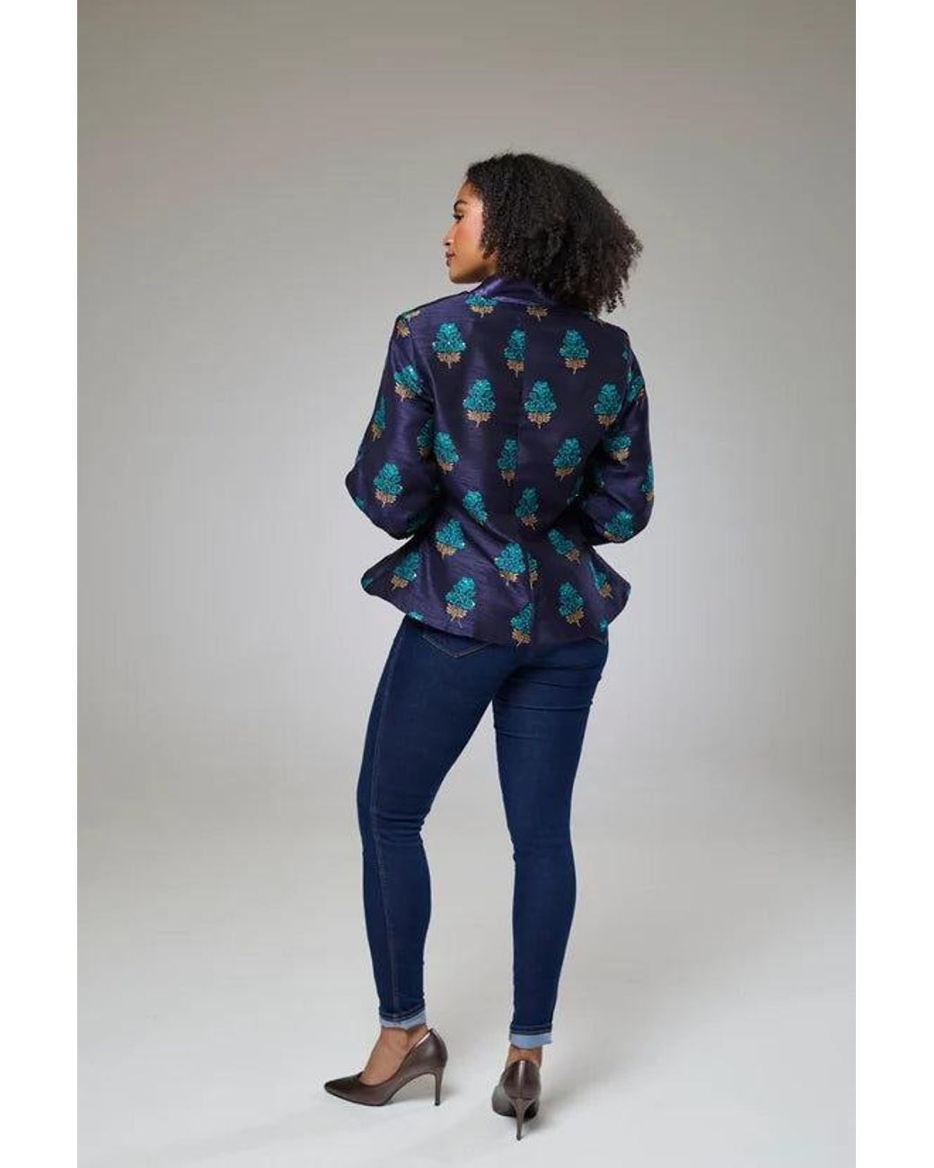Lioness by Tf Blue Aquamarine Embroidered Raw Silk Fitted Jacket Blouse