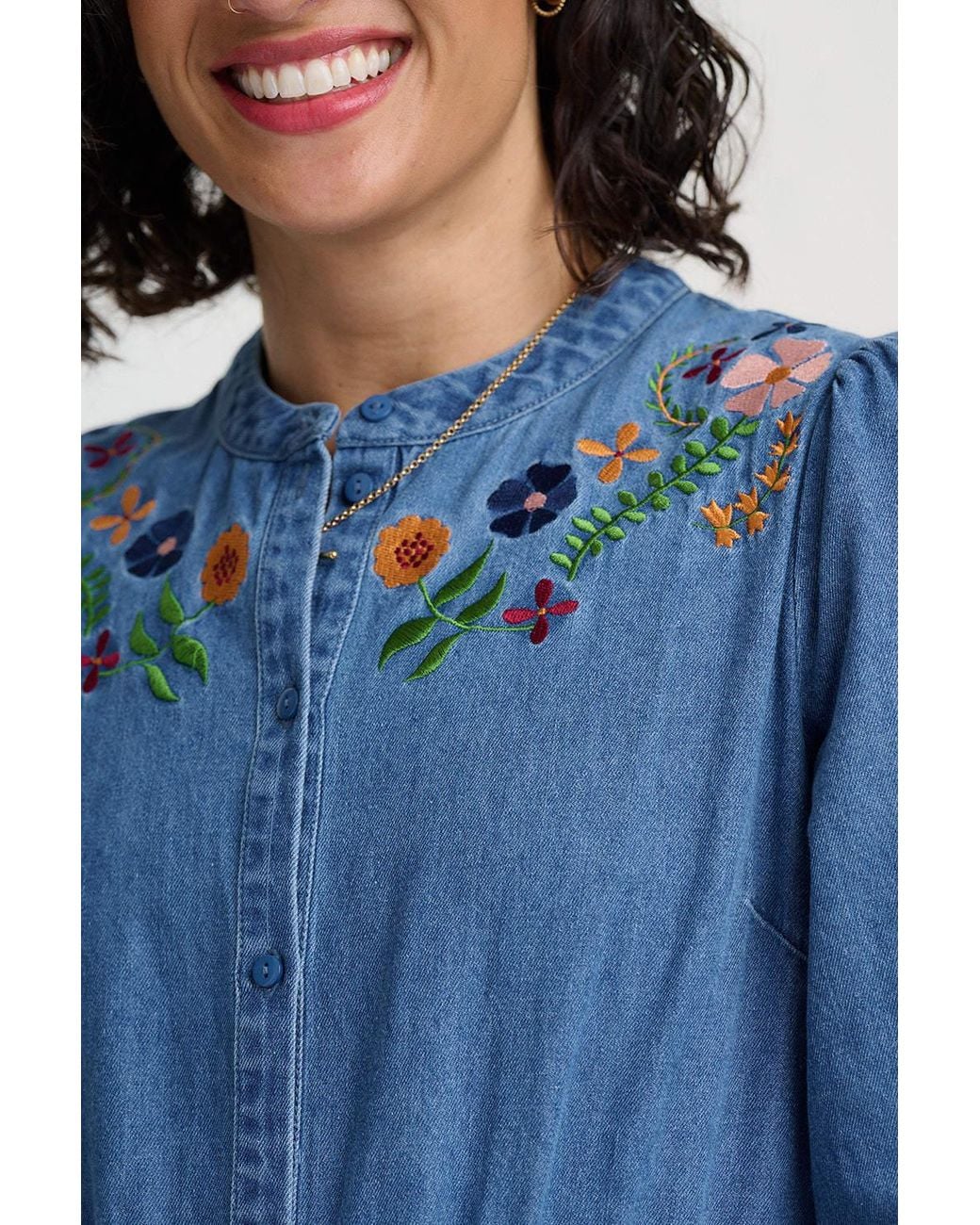 Sugarhill Blue Ivana Denim Midi Shirt Dress Floral Embroidery
