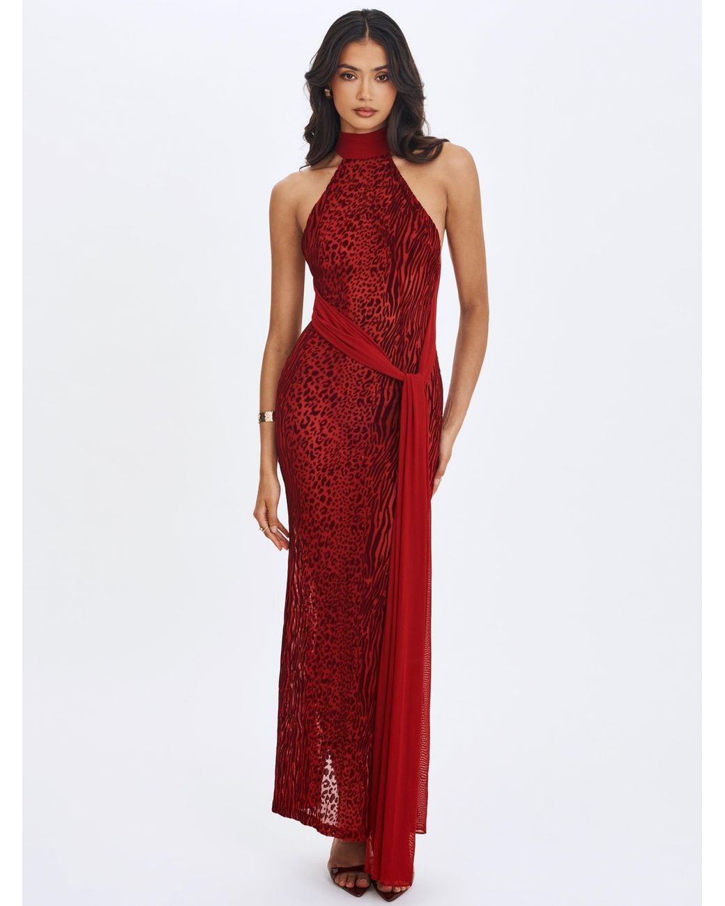 Miss Circle New York Red Cerise Scarlet Burnout Velvet Multiwear Mesh Ribbon Maxi Dress