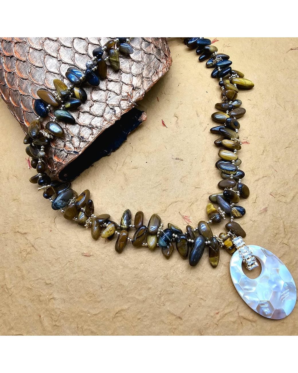 Farra Metallic Classical Tigereye With Shell Pendant Necklace