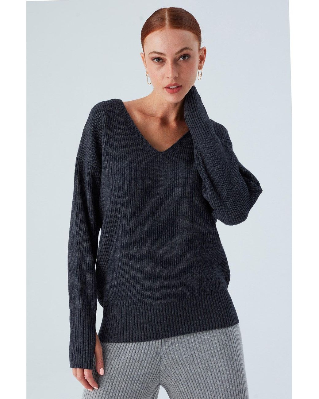 Peraluna Blue Cashmere Blend V Neck Loose Fit Pullover