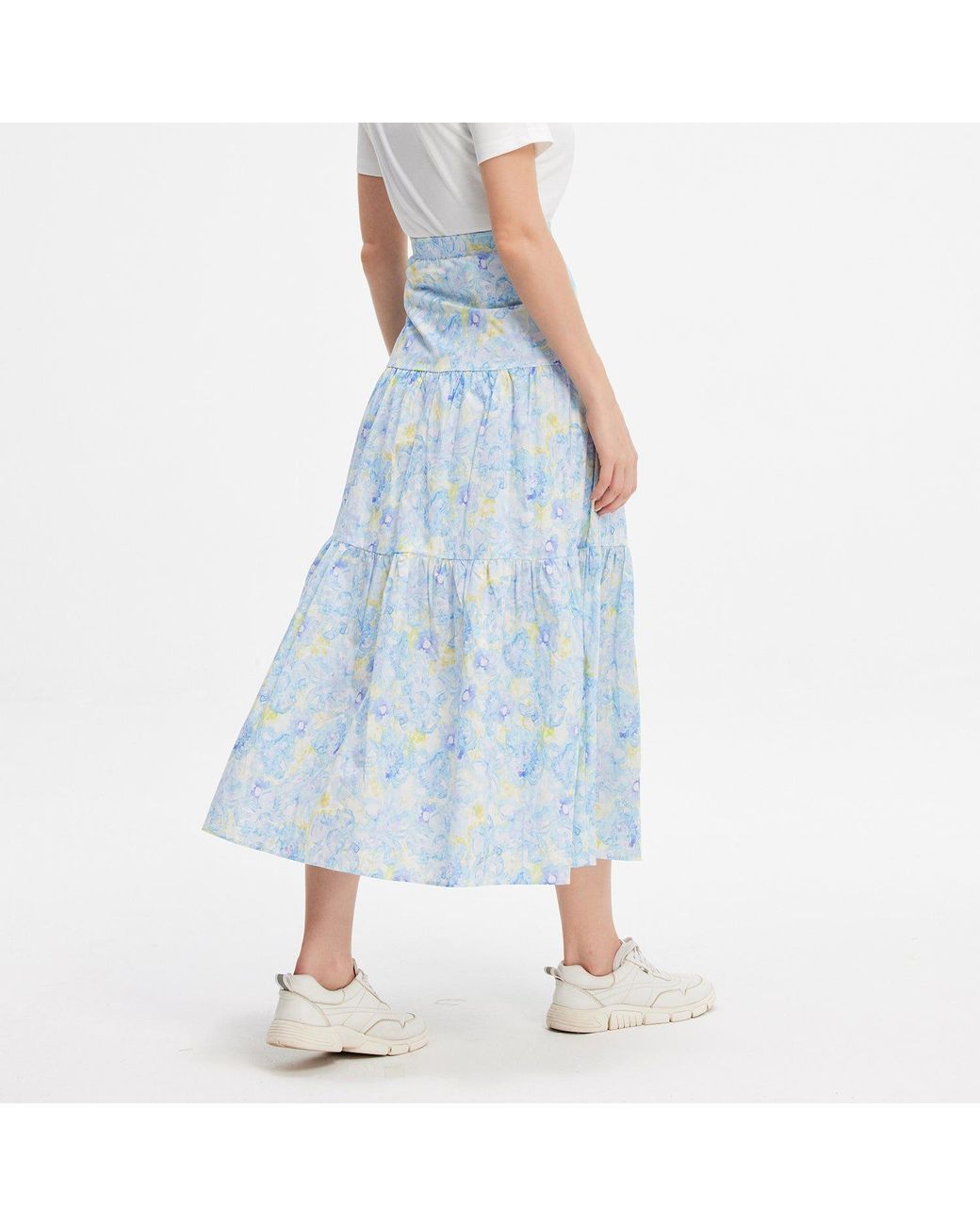 Smart and Joy Blue Flower Print Tiered Panel Midi Skirt
