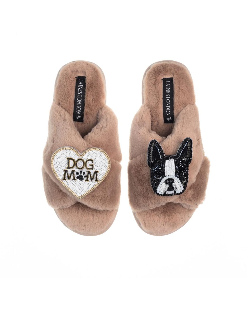 Laines London Brown Classic Laines Slippers With Buddy The Boston Terrier & Dog Mum Mom Brooches