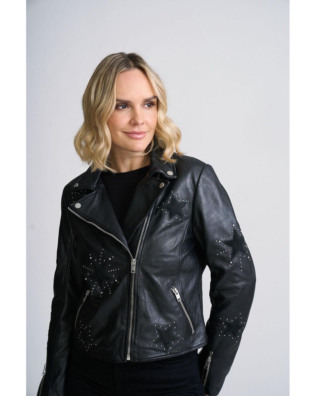 Mauritius Black Leather Moto Jacket With Star Appliqués & Studs Soraya