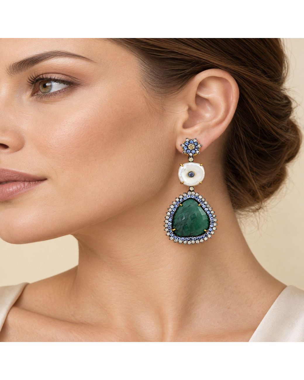 Artisan Green 18k Gold 925 Silver Diamond Emerald Pearl Tanzanite Diamond Dangle Earrings