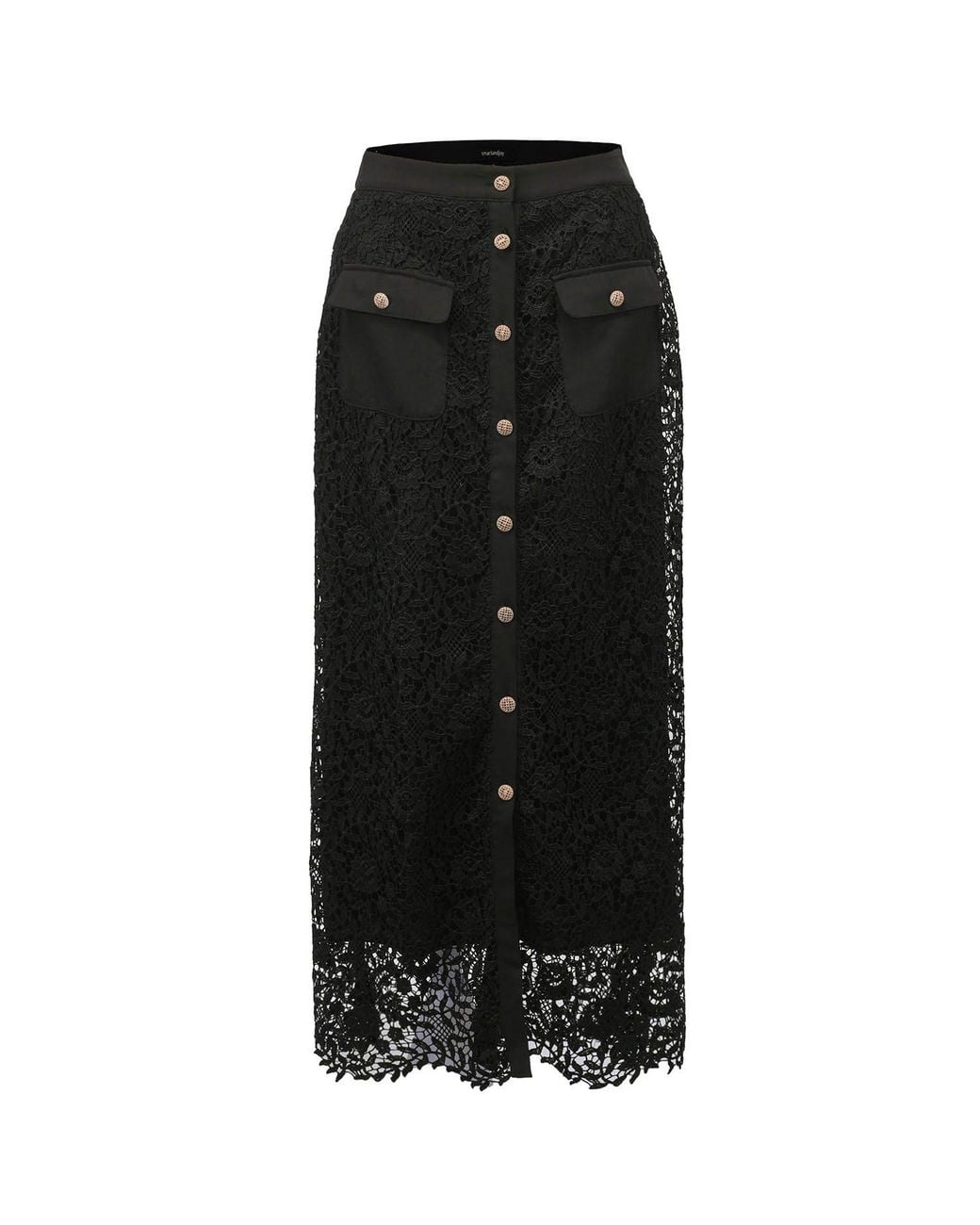 Smart and Joy Black Lace And Center Buttons Straight Midi Skirt