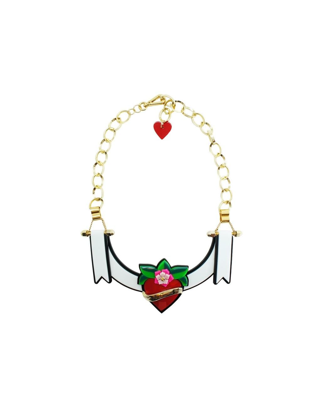 Gissa Bicalho Red Handmade Acrylic Necklace Ribbon & Heart