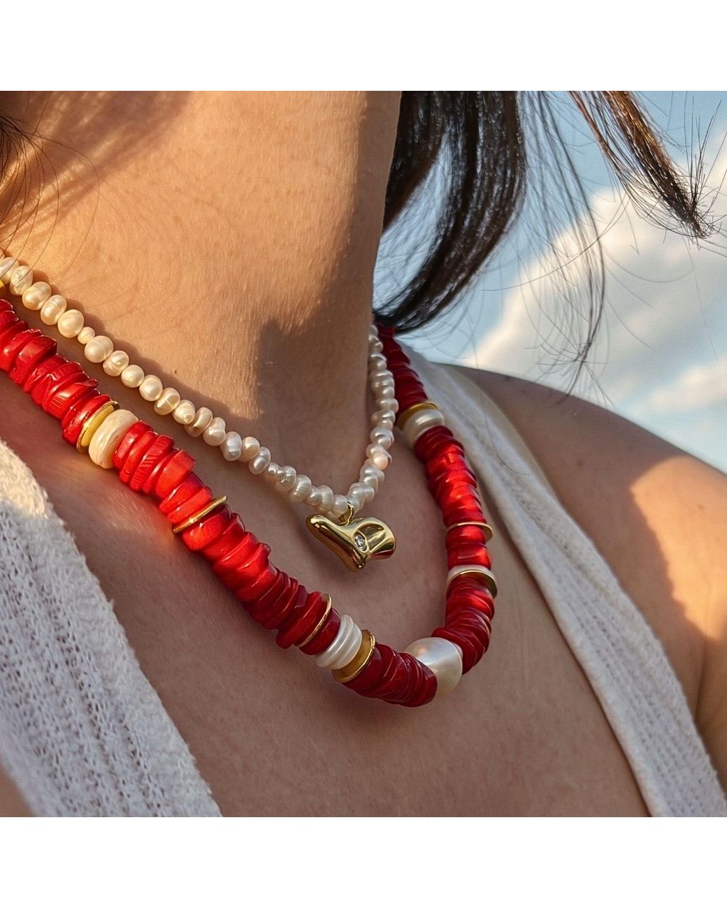 LINYA JEWELLERY Red Baroque Pearl Cylinder Coral Necklace
