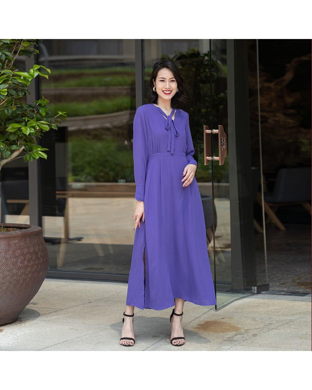 Smart and Joy Purple V-Neckline Long Blouse-Dress