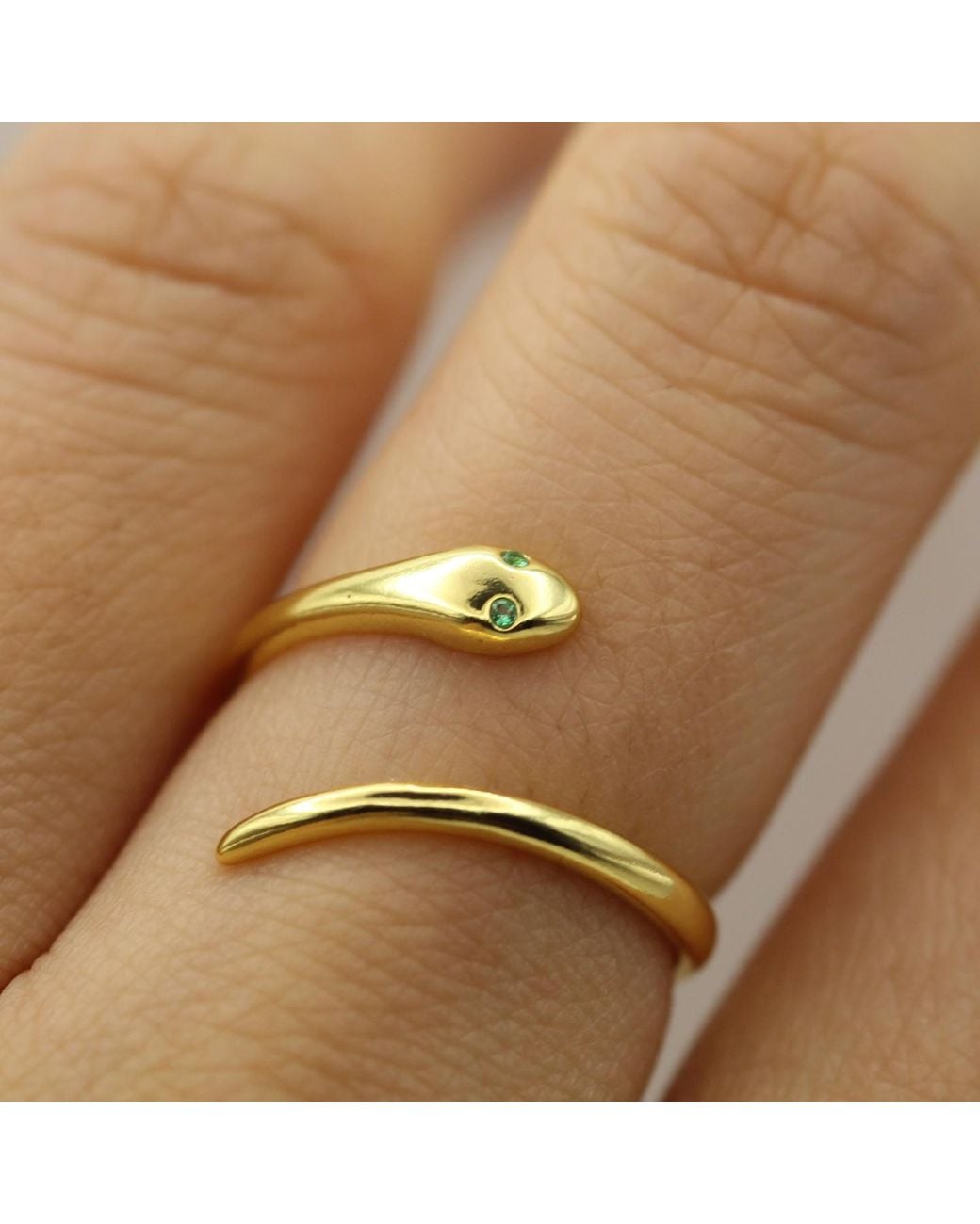 VicStoneNYC Fine Jewelry Metallic Snake Open Cuff Ring With Natural Emerald Eyes