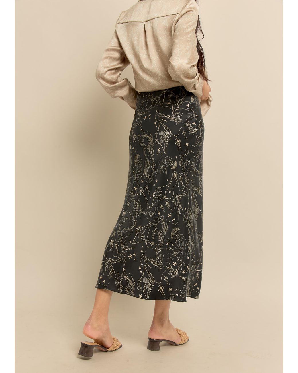 Lily Rou Black Ray Silk Midi Slip Skirt