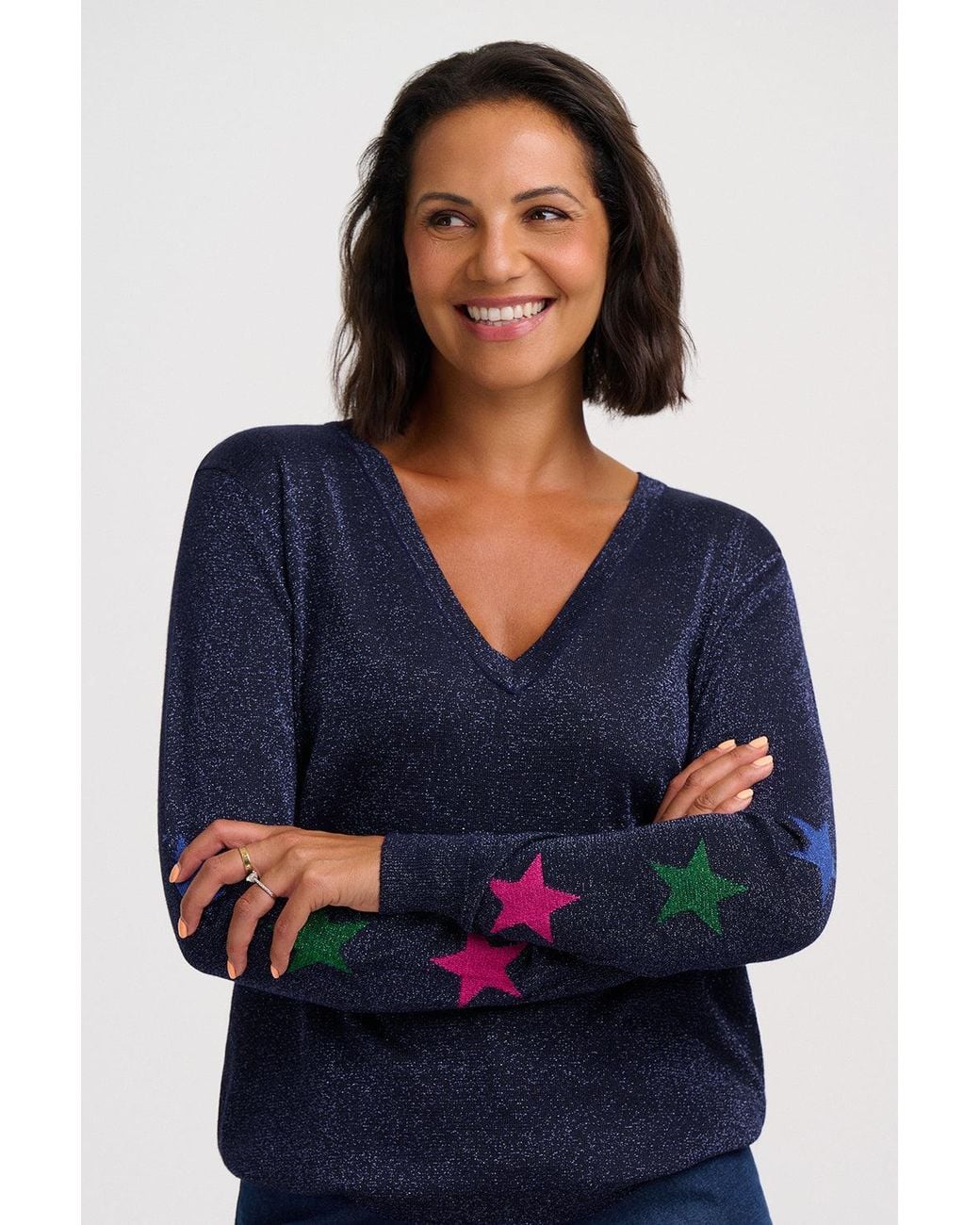 Sweater Making Machine Sugarhill Marcella Sparkly V-Neck Sweater Stars in Blue | Lyst