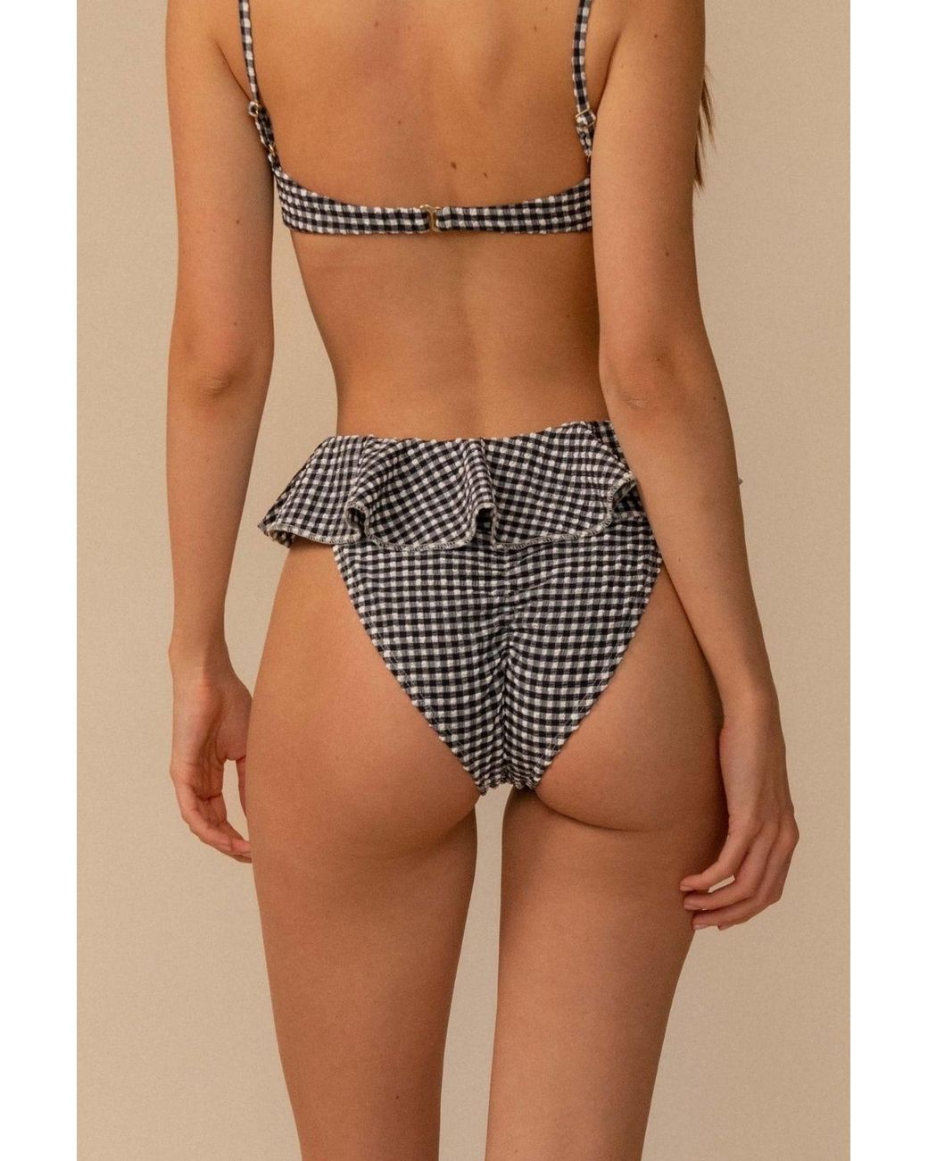 Montce Black Micro Gingham Tamarindo Ruffle Bikini Bottom