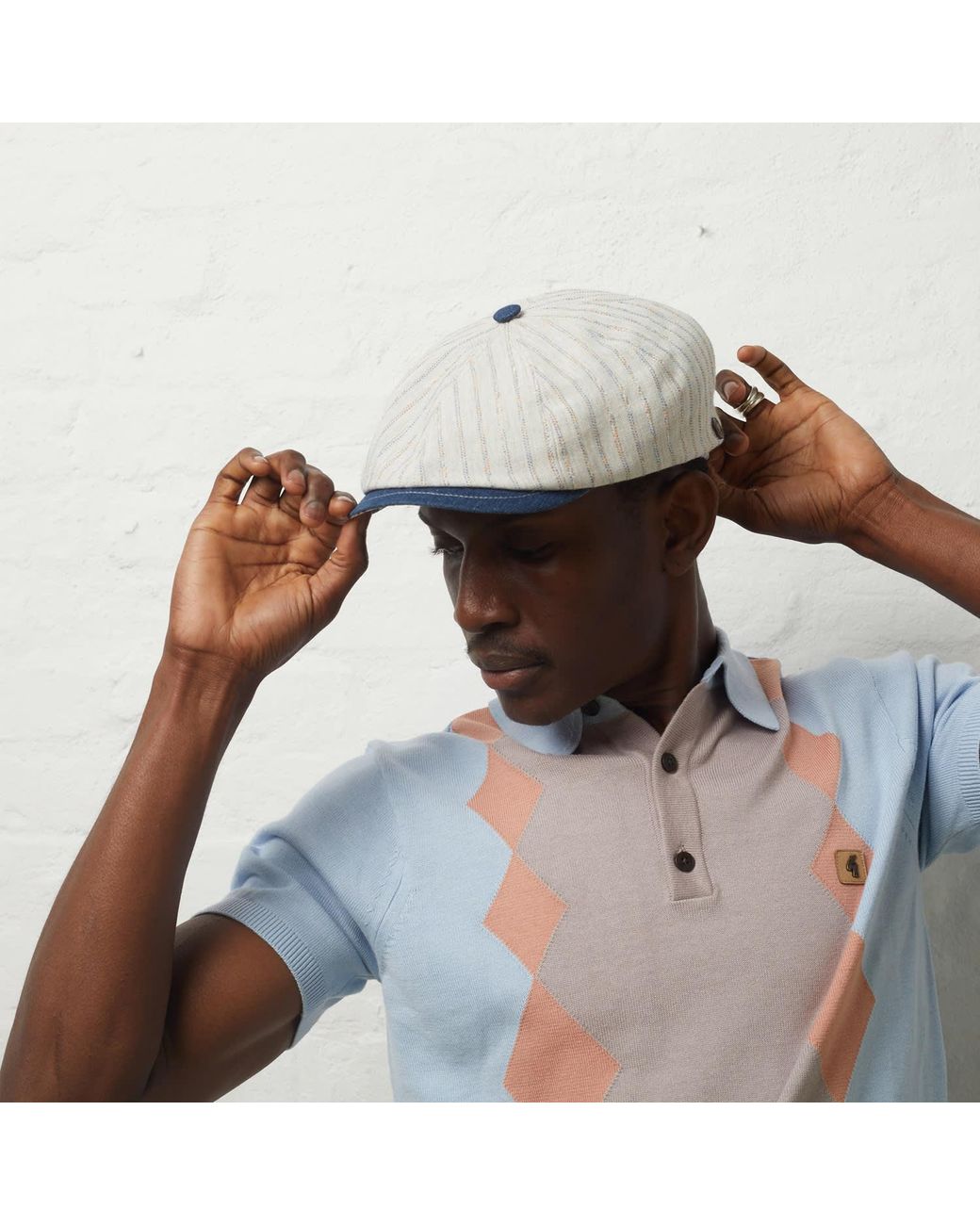Dasmarca Hats Gray Neutrals Lloyd Stripe Peaked Summer Italian Linen Bakerboy Newsboy Cap for men