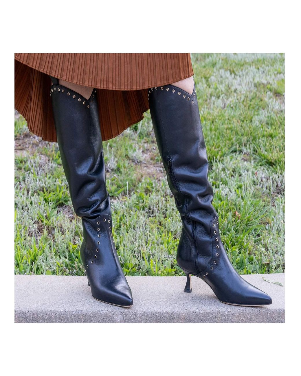 Beautiisoles by Robyn Shreiber Made in Italy Black Vanesa Leather Knee-High Boot With Studs & Kitten Heel Elegant For Work & Valentine Day