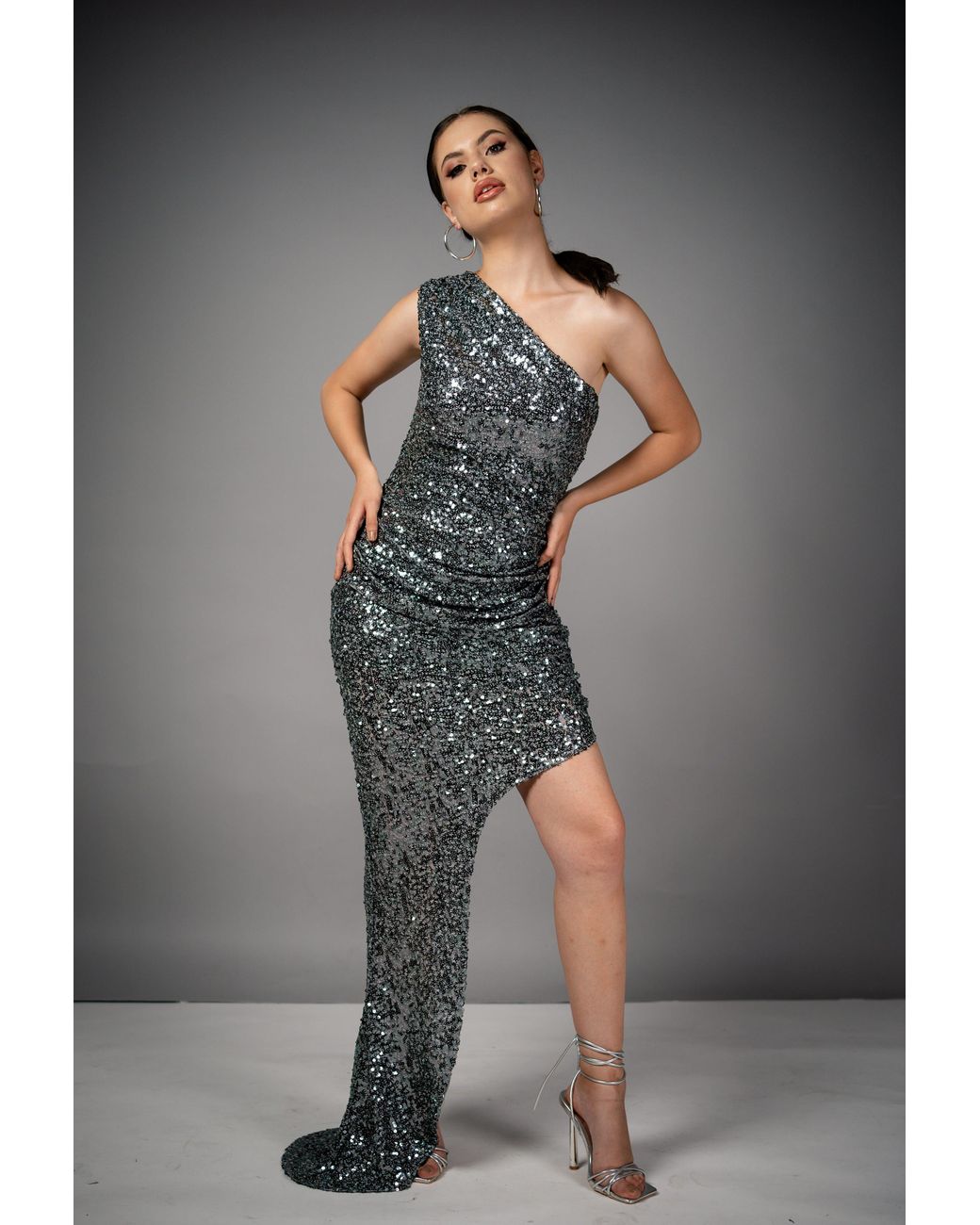 Monice London Gray Mimi One Shoulder Asymmetric Sequin Dress- Gunmetal