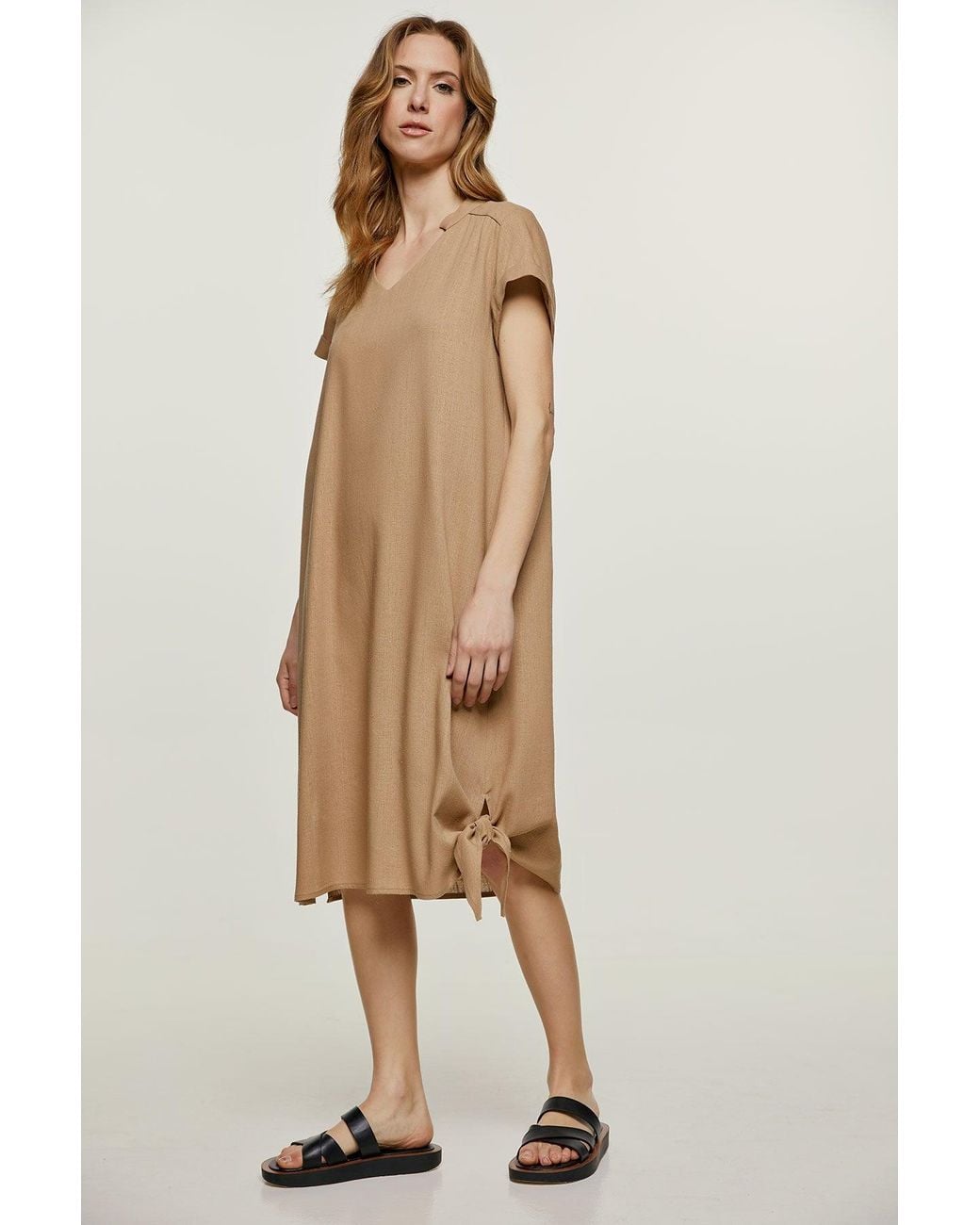 Conquista Natural Neutrals Midi Dress With Tie Detail