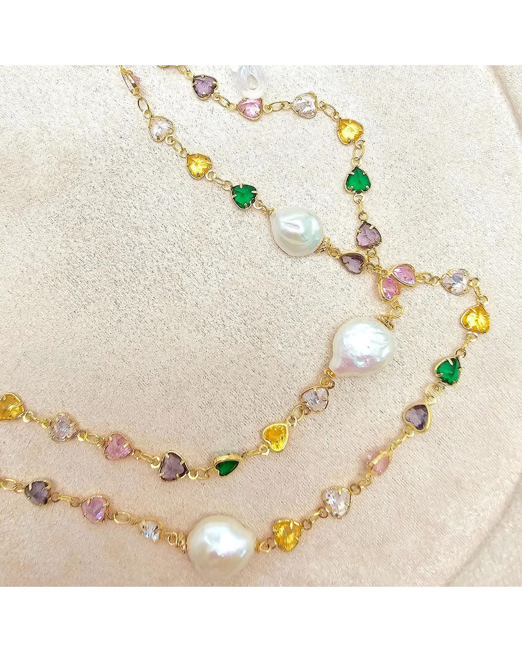 Farra White Colorful Heart Zircon Chain With Baroque Pearls Long Station Necklace