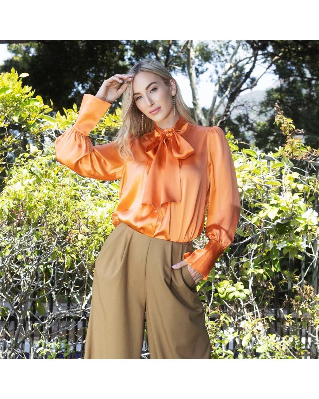 Solgo Atelier Orange Phaius Long Puff Sleeve Silk Charmeuse Blouse With Pintuck Details And Removable Bowtie