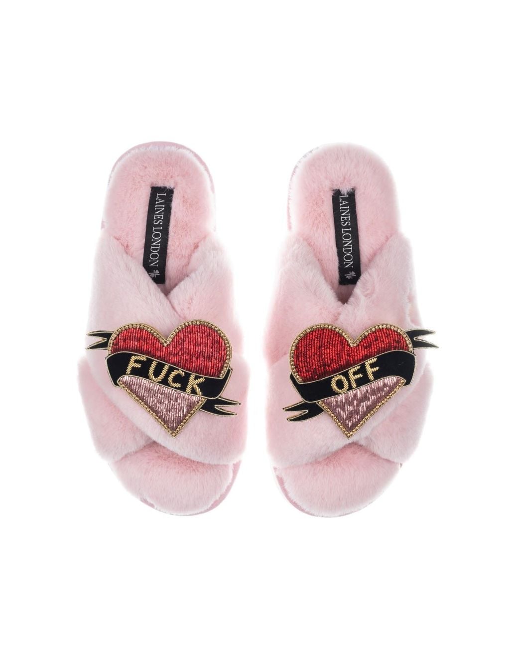 Laines London Pink Classic Laines Slippers With Fuck Off Brooches