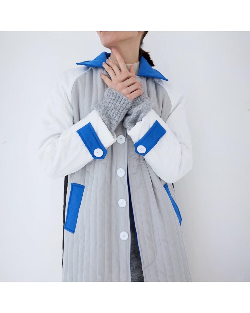 London Atelier Byproduct Blue Patchwork Colour Block Quilt Long Jacket