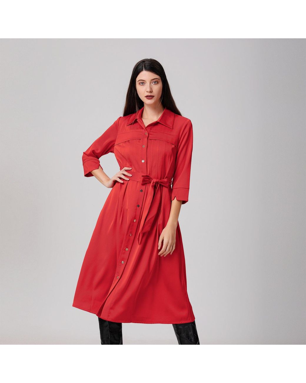 Smart and Joy Red Stitched Pleats Shirt-Dress