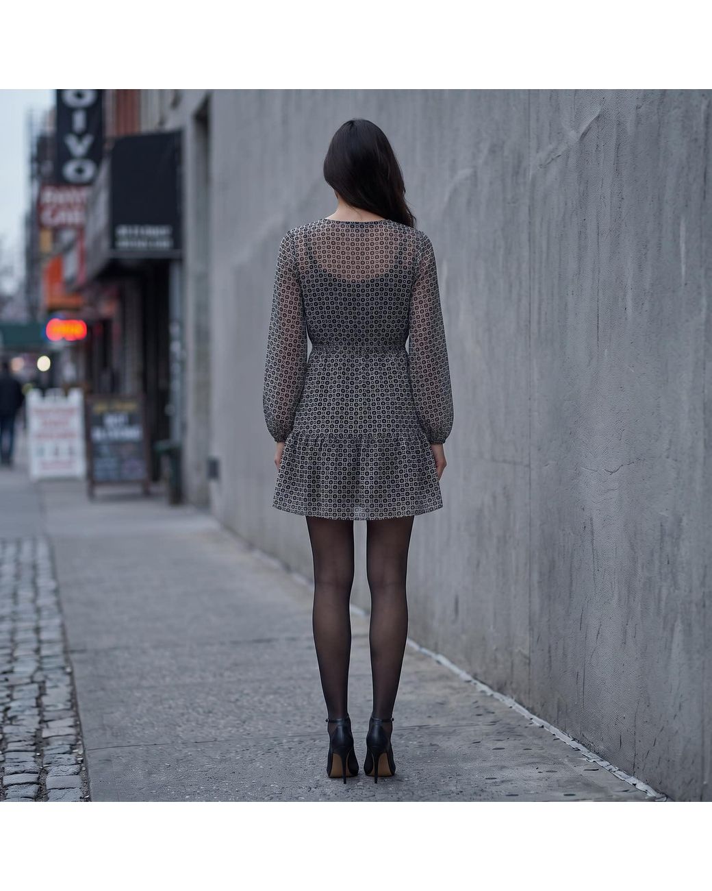 Modenaire Gray Polka Dot Embroidered Lace Dress With V-Neck & Tie Waist