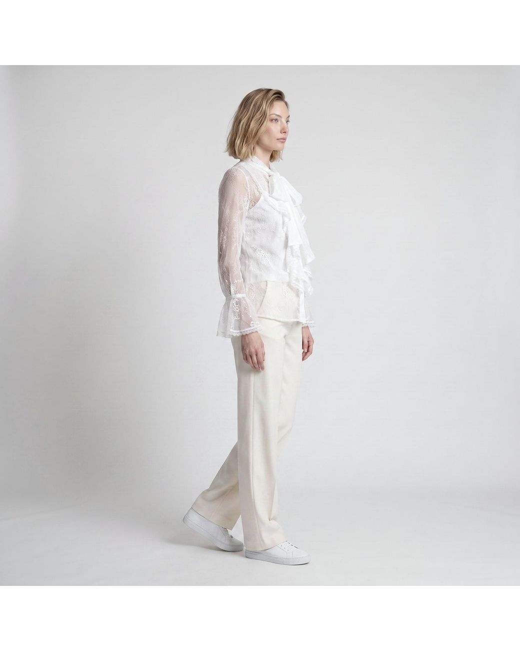 Modenaire White Sheer Lace Blouse With Bow Tie Neck Ruffle Front Detail With Cami
