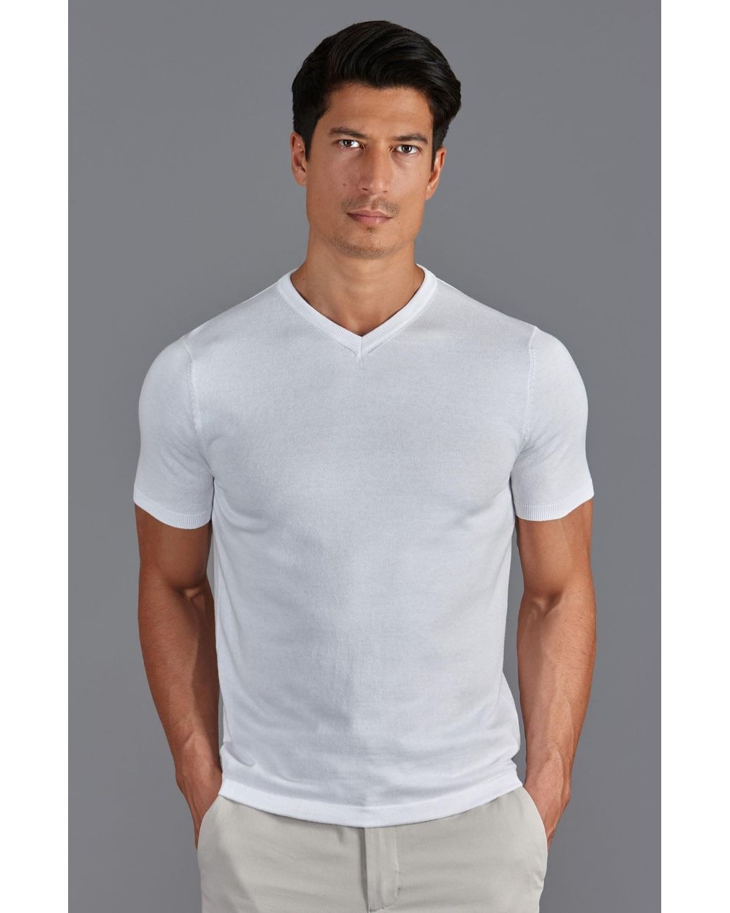 Paul James Knitwear White Ultra Fine Cotton Hudson High V Neck Knitted T-Shirt for men