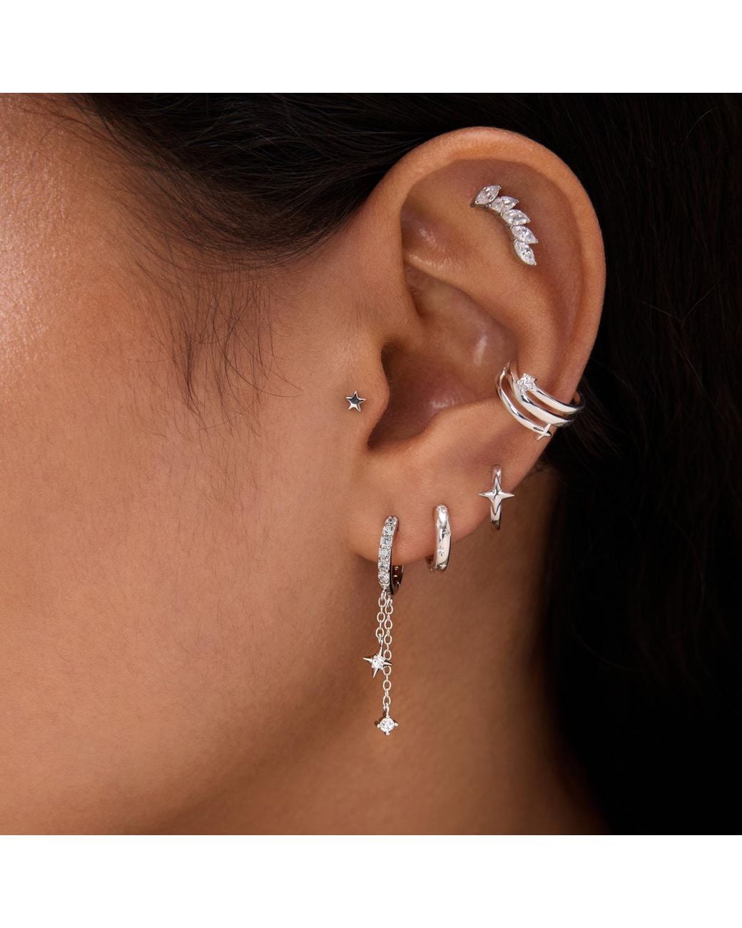 Vanhi White Star Double Chain Dangle Huggies