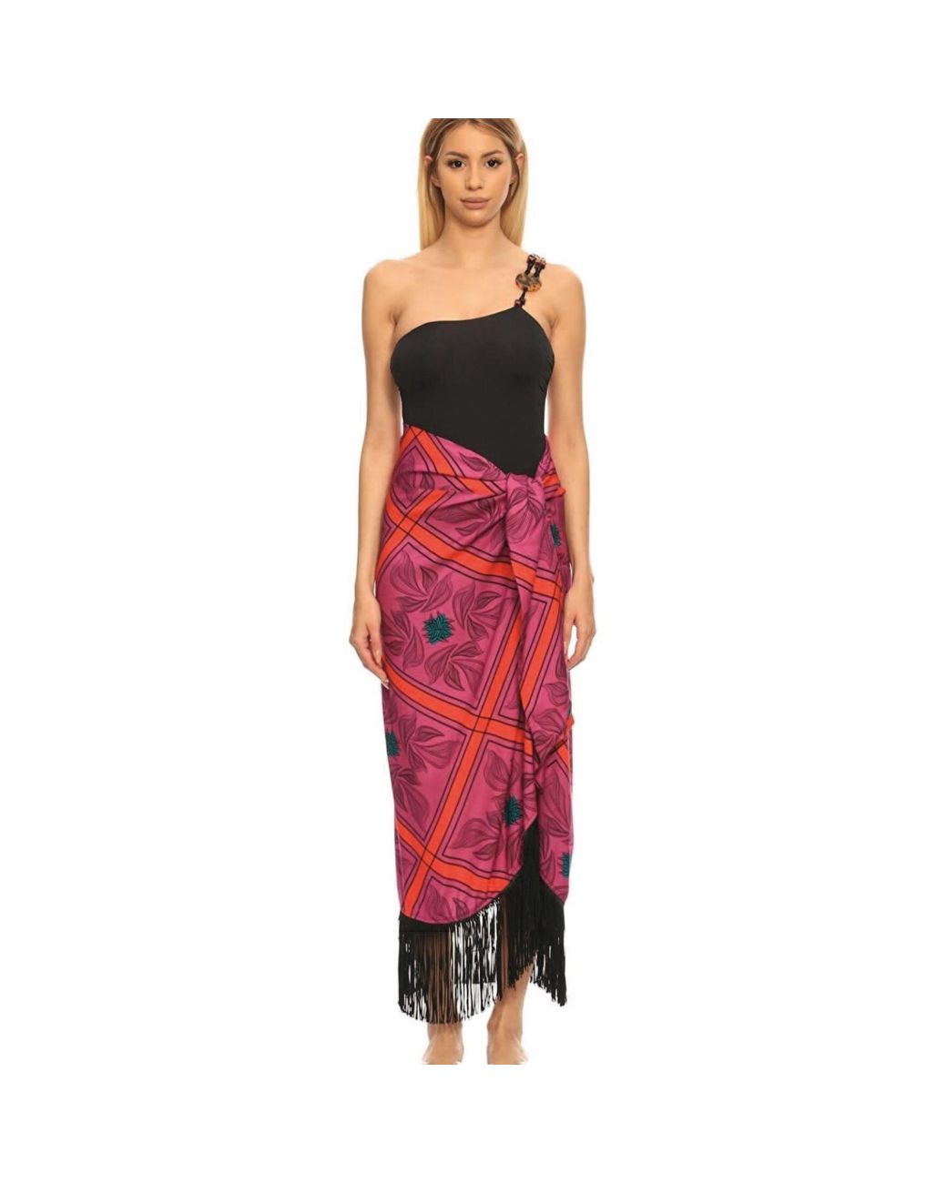 Women & Women Red Balia Fringed, Colorful Design Patterned, Midi Slit Pareo Skirt