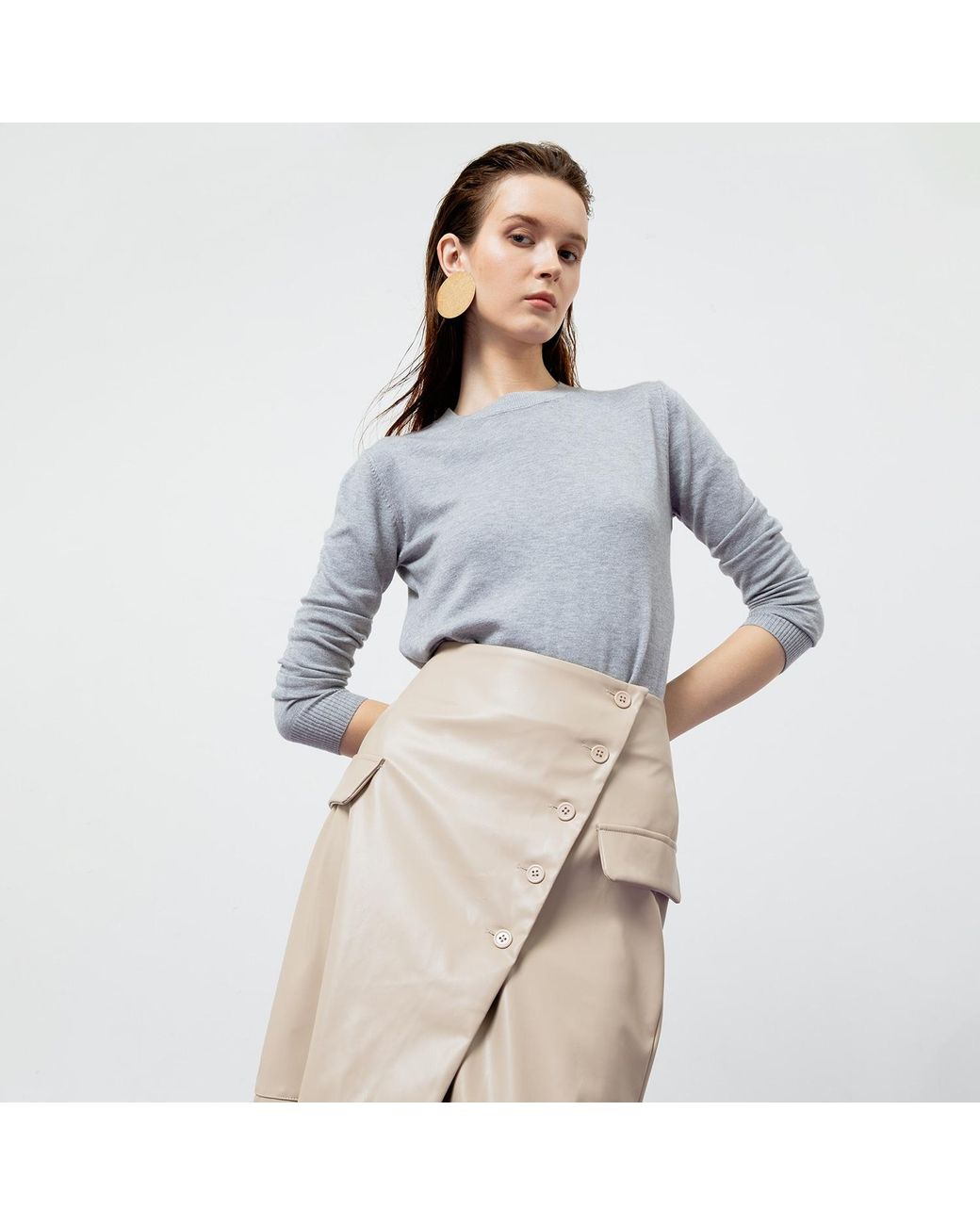 Ats the Label Natural Neutrals Beatrix Creme Faux Leather Midi Skirt