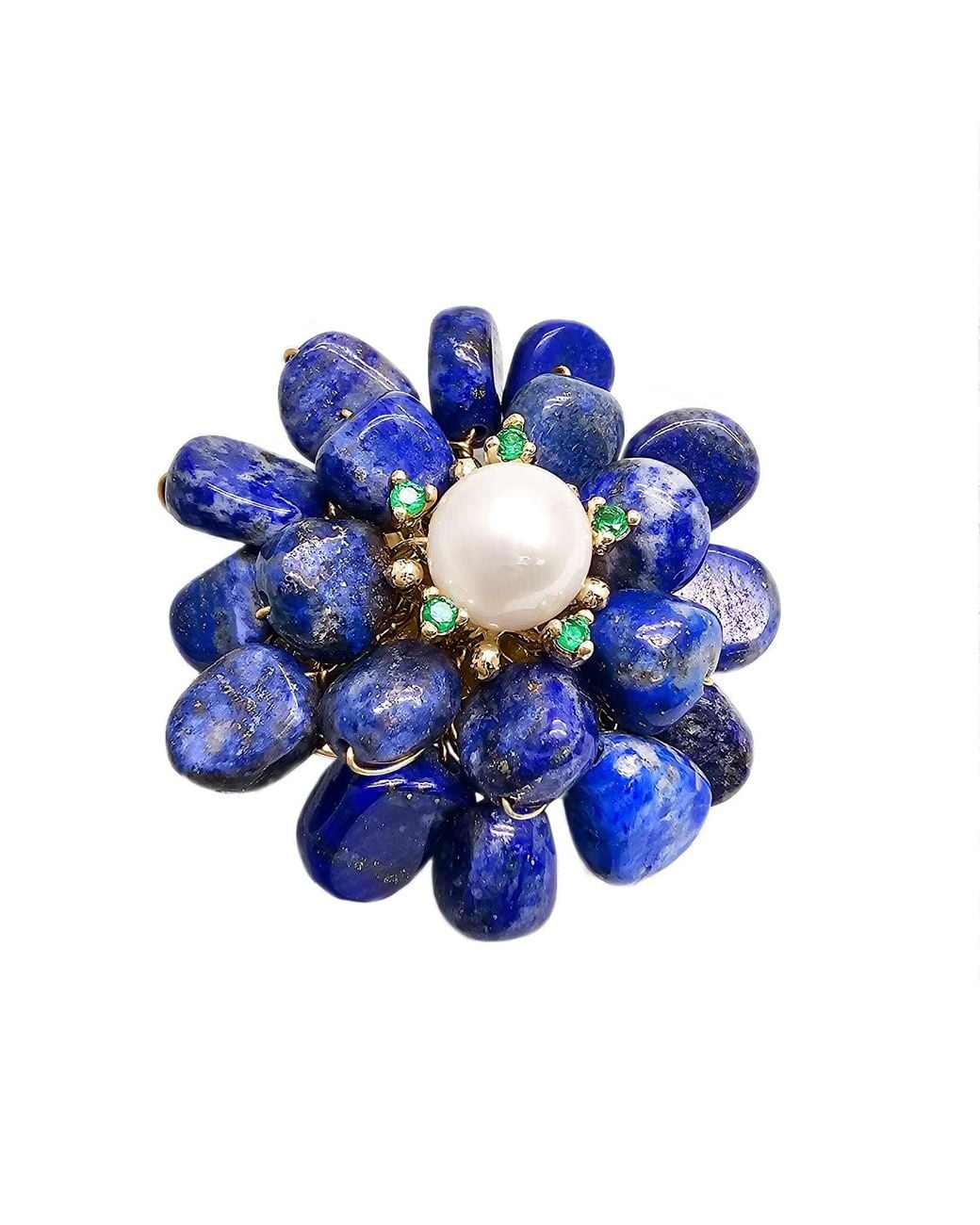 Farra Blue Handcrafted Flower Shaped Lapis Lazuli With Pearl Brooch