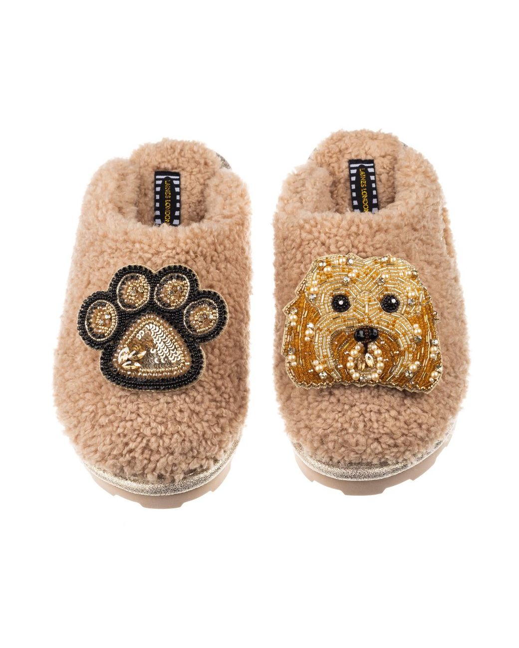Laines London Metallic Teddy Towelling Closed Toe Slippers With Enki Doo The Cockapoo & Paw Brooch