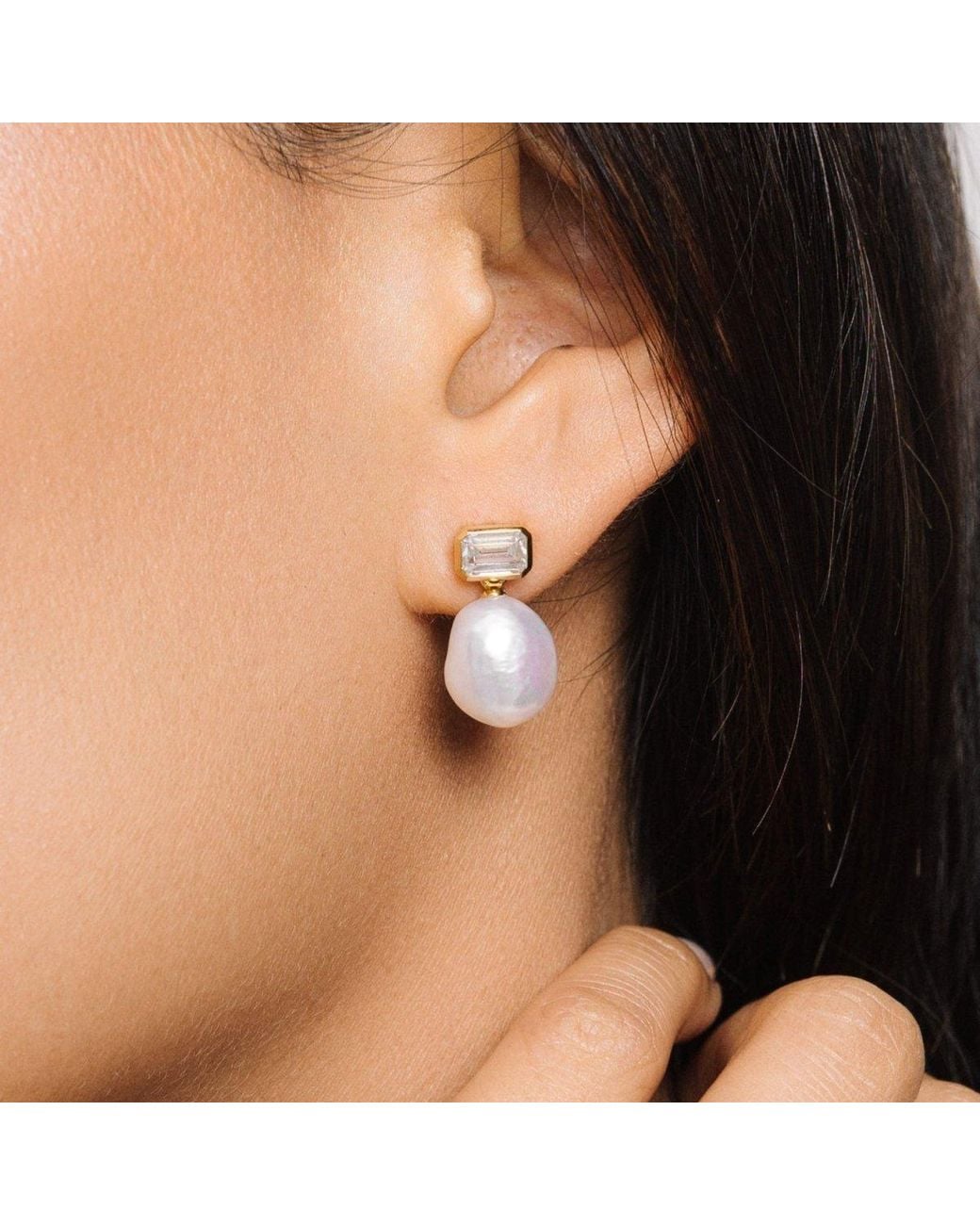 Lulu B London Metallic Pearl Drop Stud Earrings With Baguette Cubic Zirconia