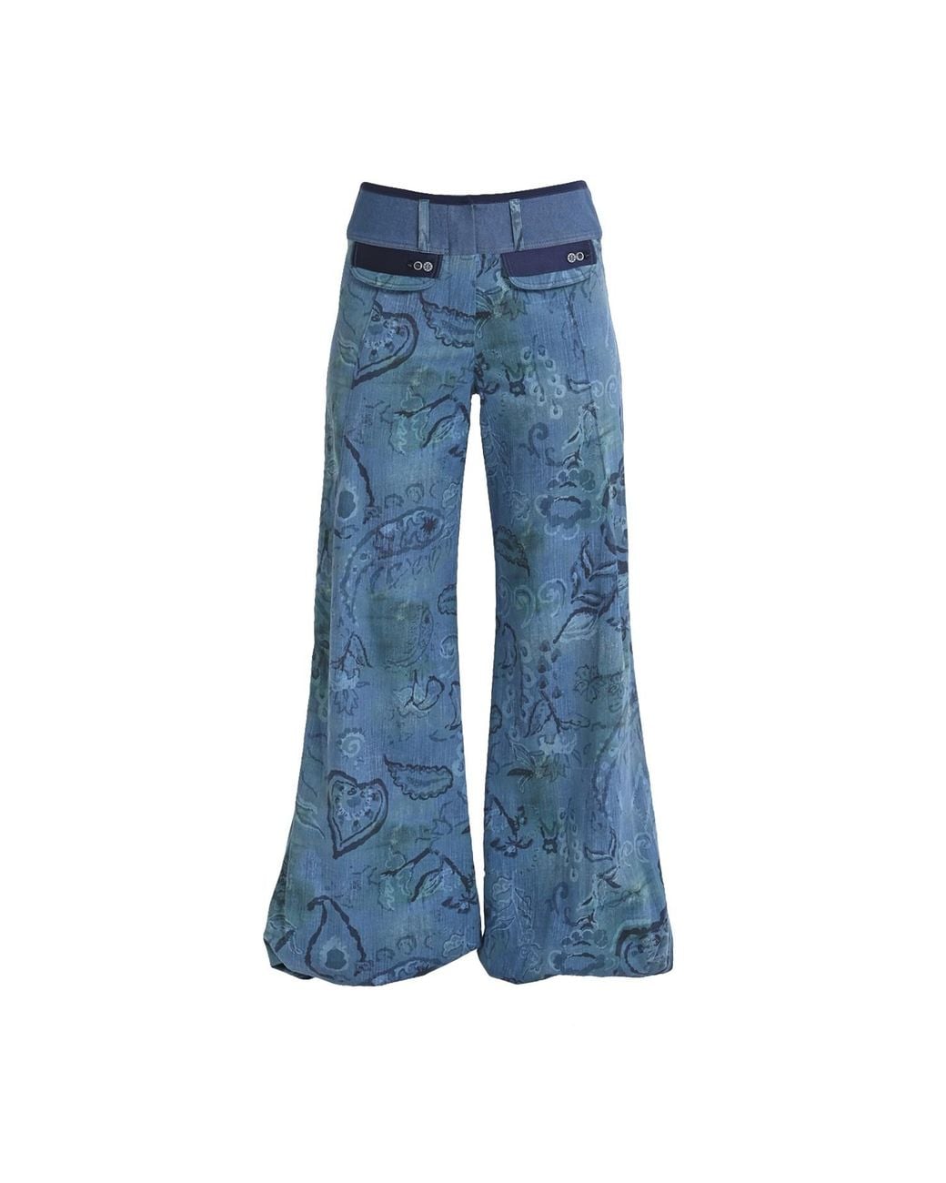 Lalipop Design Blue Stylised Floral Denim-Look Wide-Leg Pants