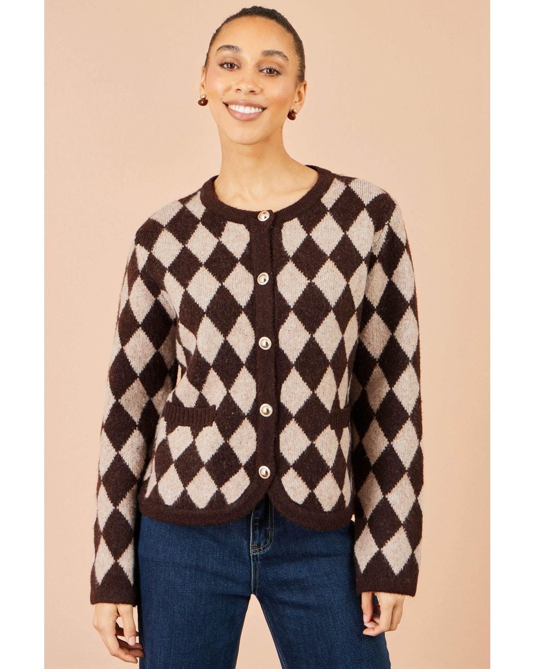 Yumi' Brown Argyll Knit Cardigan