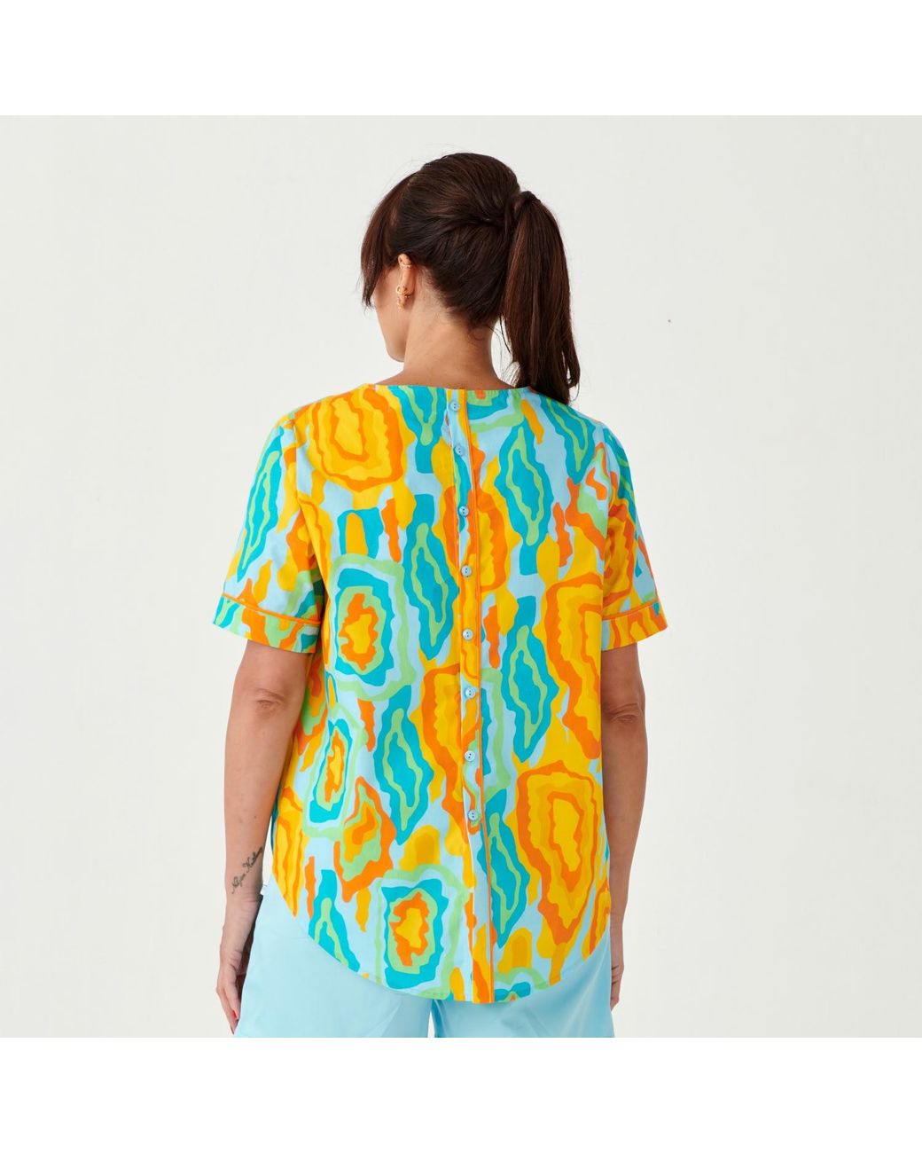 Perlavera Blue Didi Peach Carnaval Printed Cotton With Back Placket Short Sleeve Length Shirt