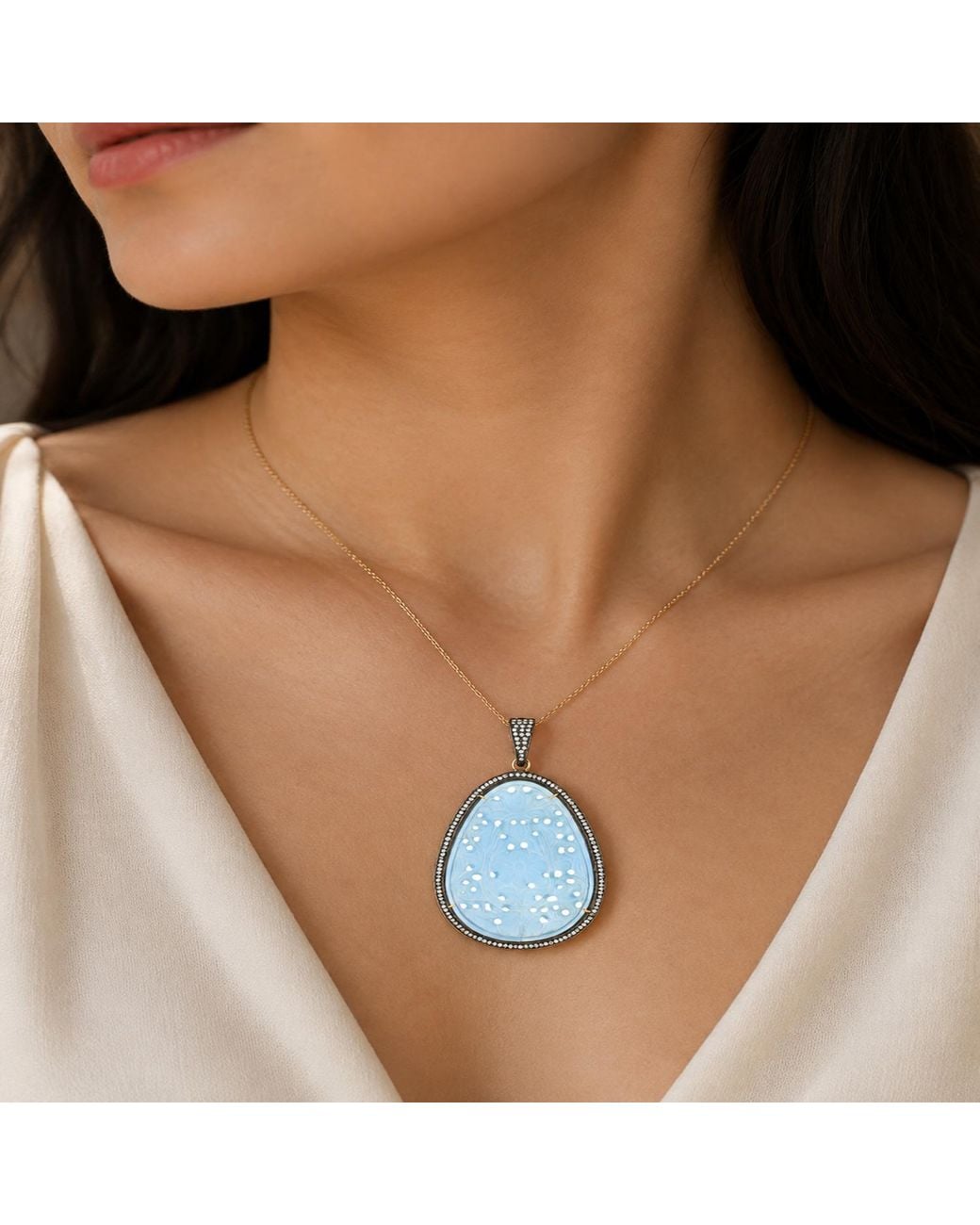 Artisan Blue Carved Agate Gemstone With Pave Diamond In 18k Gold & Silver Oval Cut Pendant