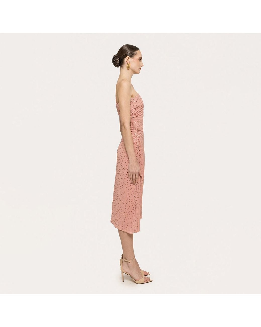 Nissa Pink Metallic Dot Pleated Midi Dress