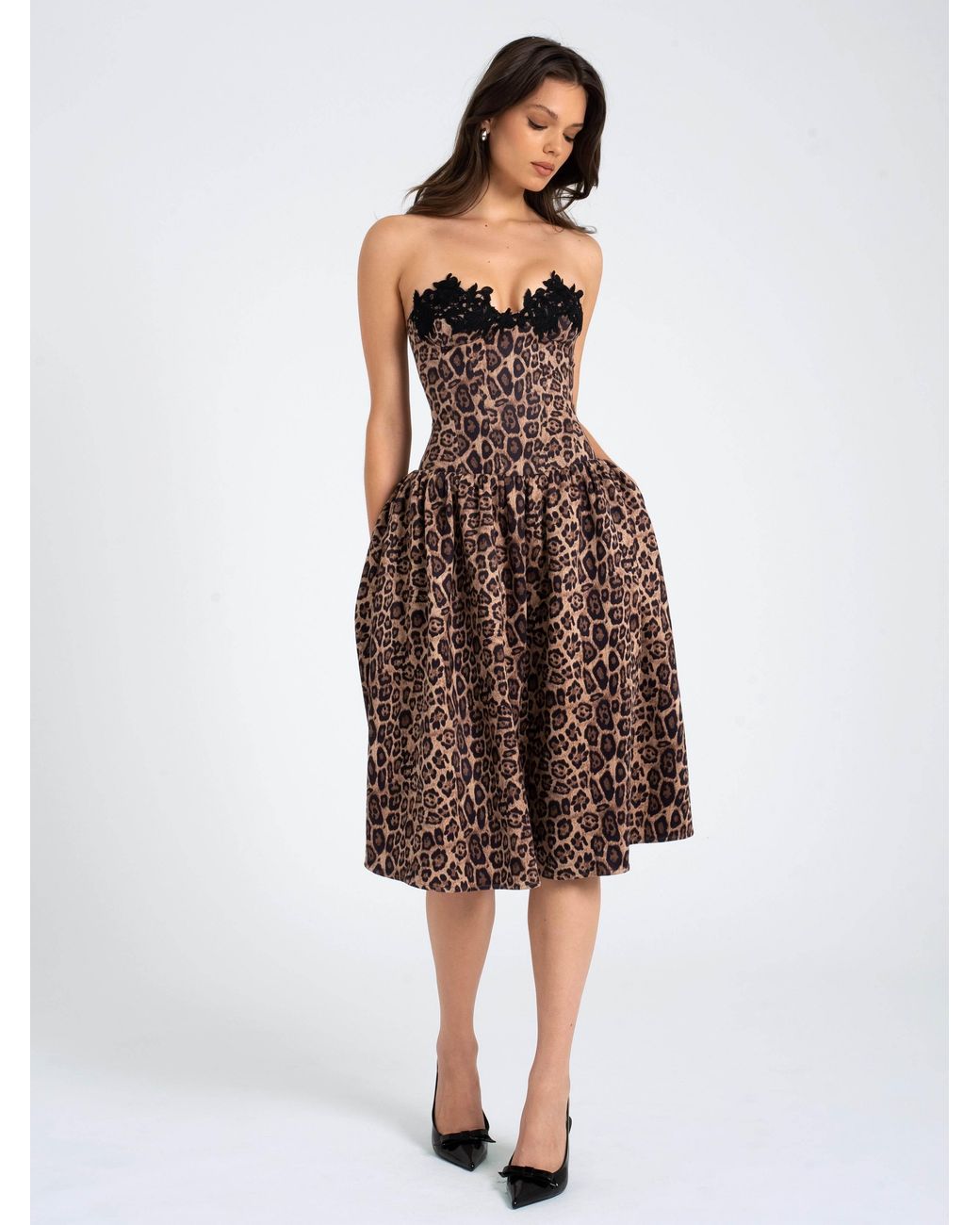 Miss Circle New York Brown Uchenna Cheetah Print Stretchy Strapless Midi Dress With Lace Trim