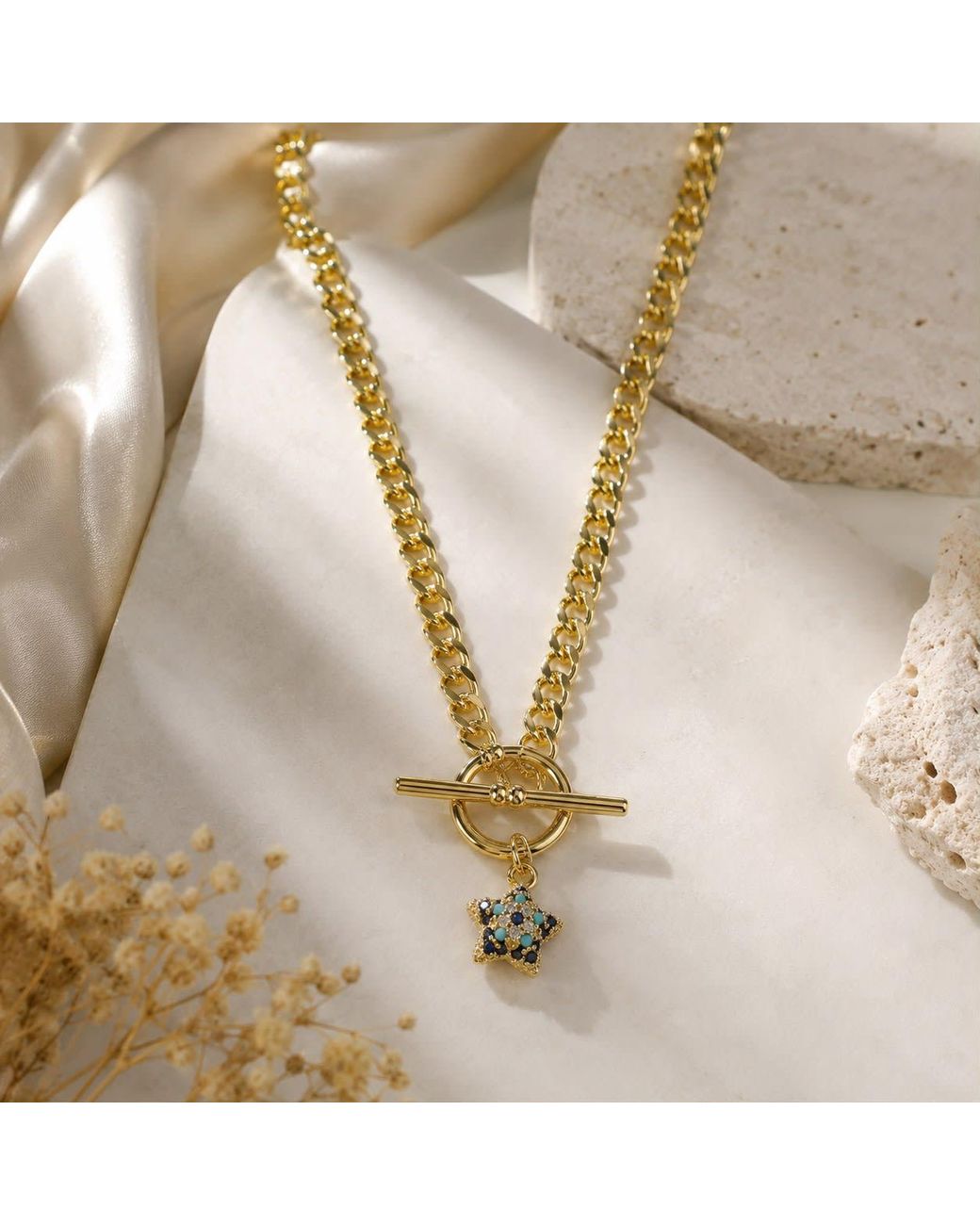 By Ozge Metallic Celestial Guardian Evil Eye Star Plated Toggle Necklace