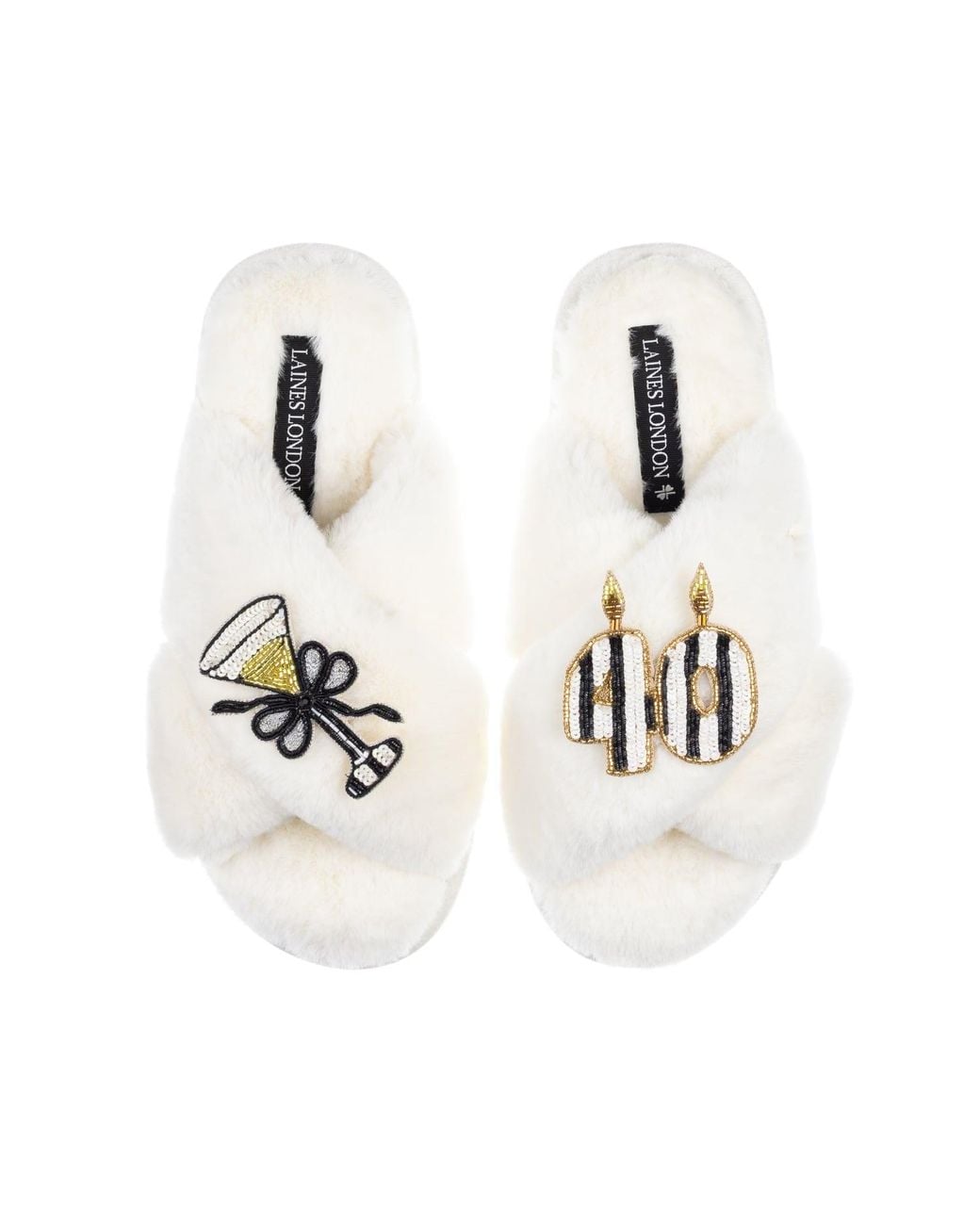 Laines London White Classic Laines Slippers With Stripe 40Th Birthday & Glass Of Champagne Brooches